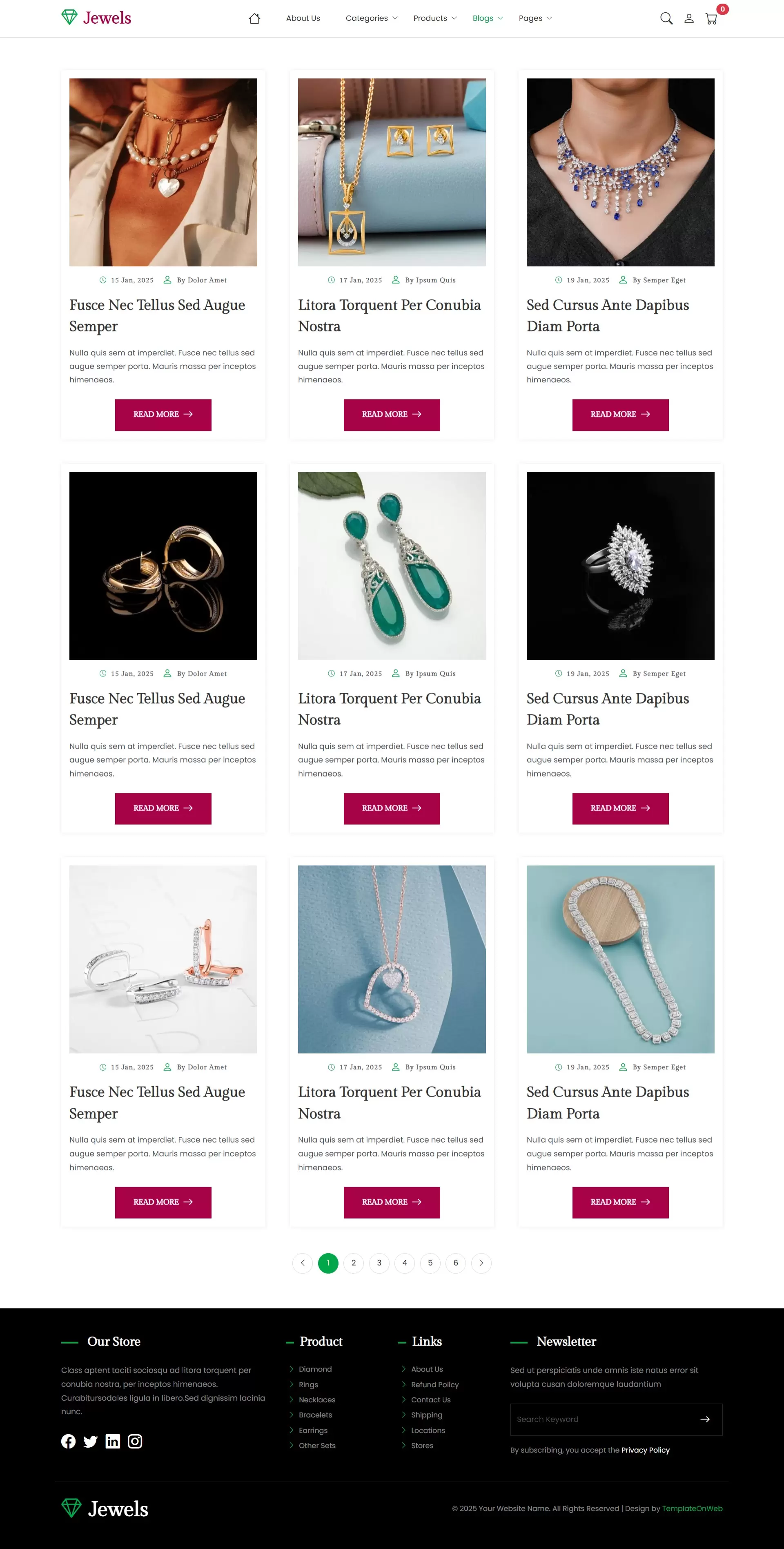 Modern jewelry store template blog page with image thumbnails and article previews