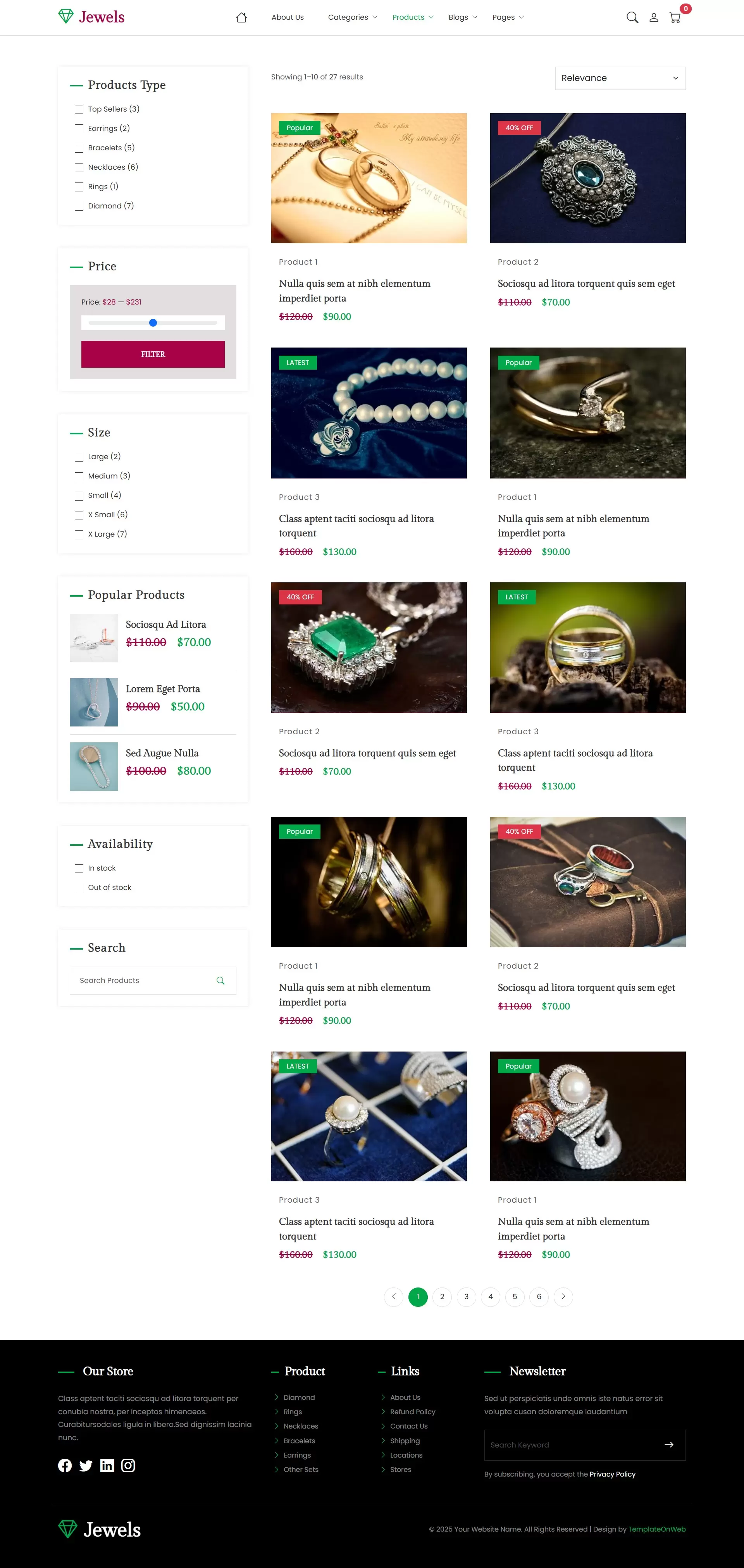 Jewelry eCommerce website template product listing page with rings, necklaces, and earrings