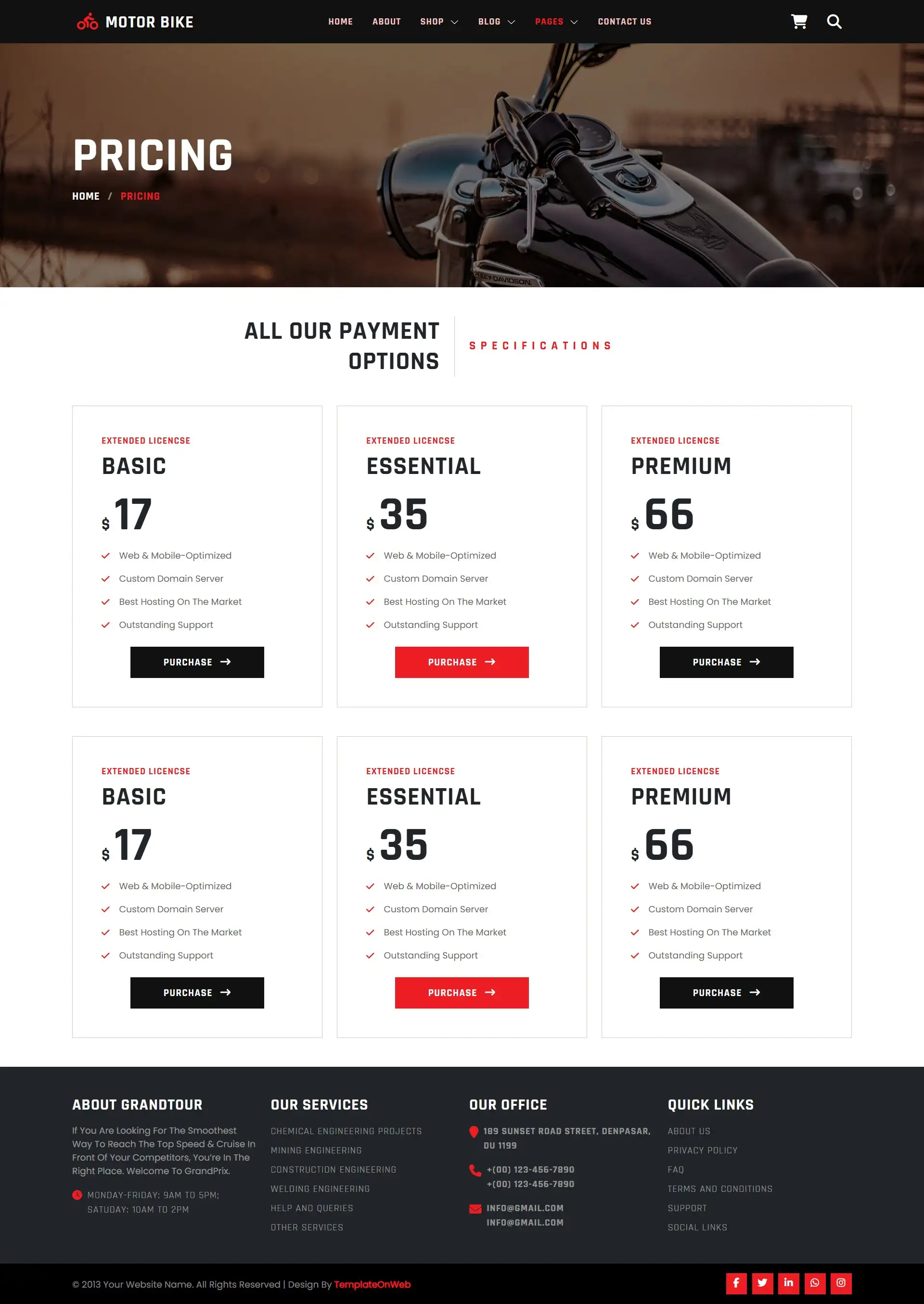 Motorcycle rental pricing page