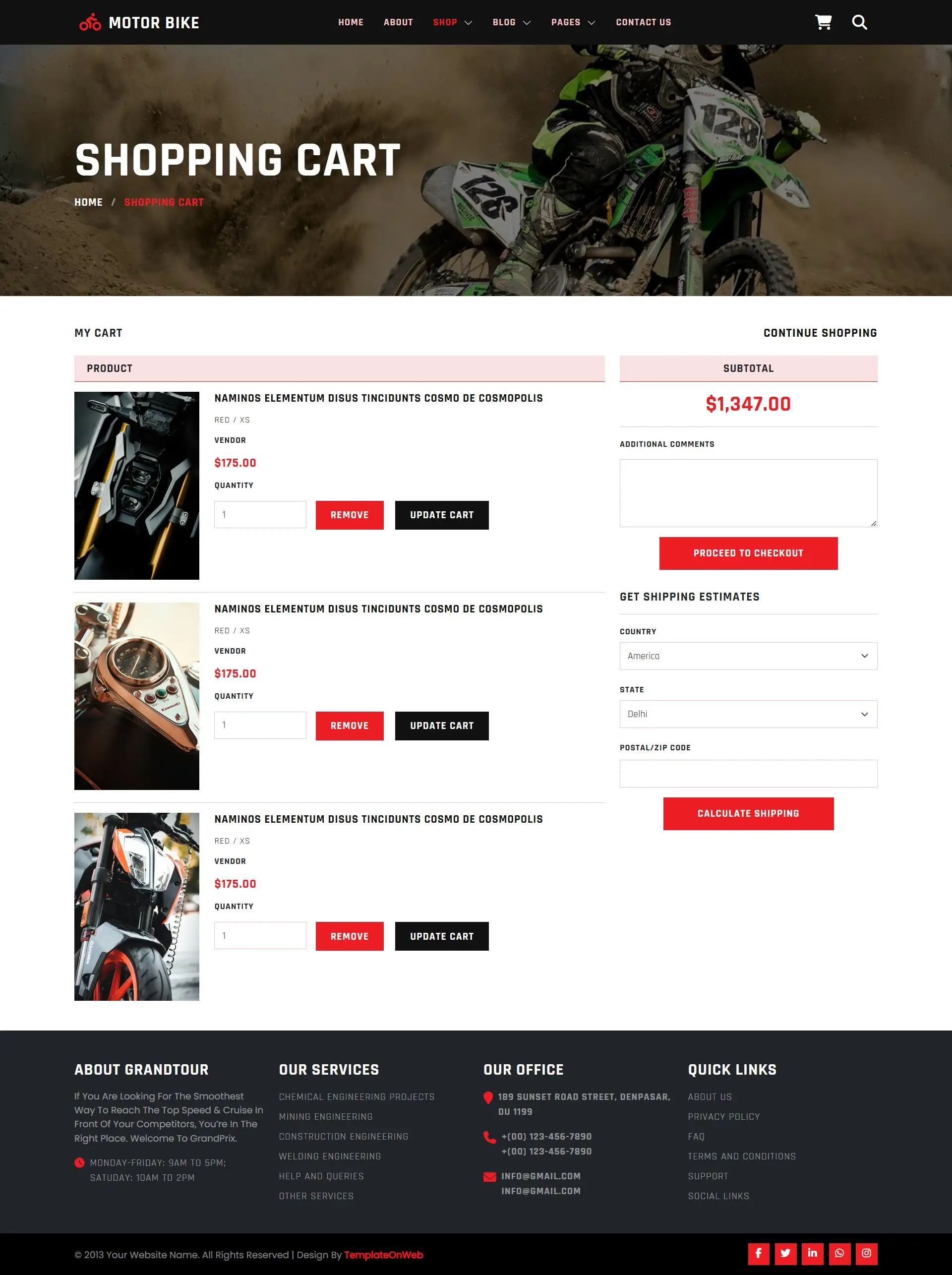 Motorcycle shopping cart html page screenshot