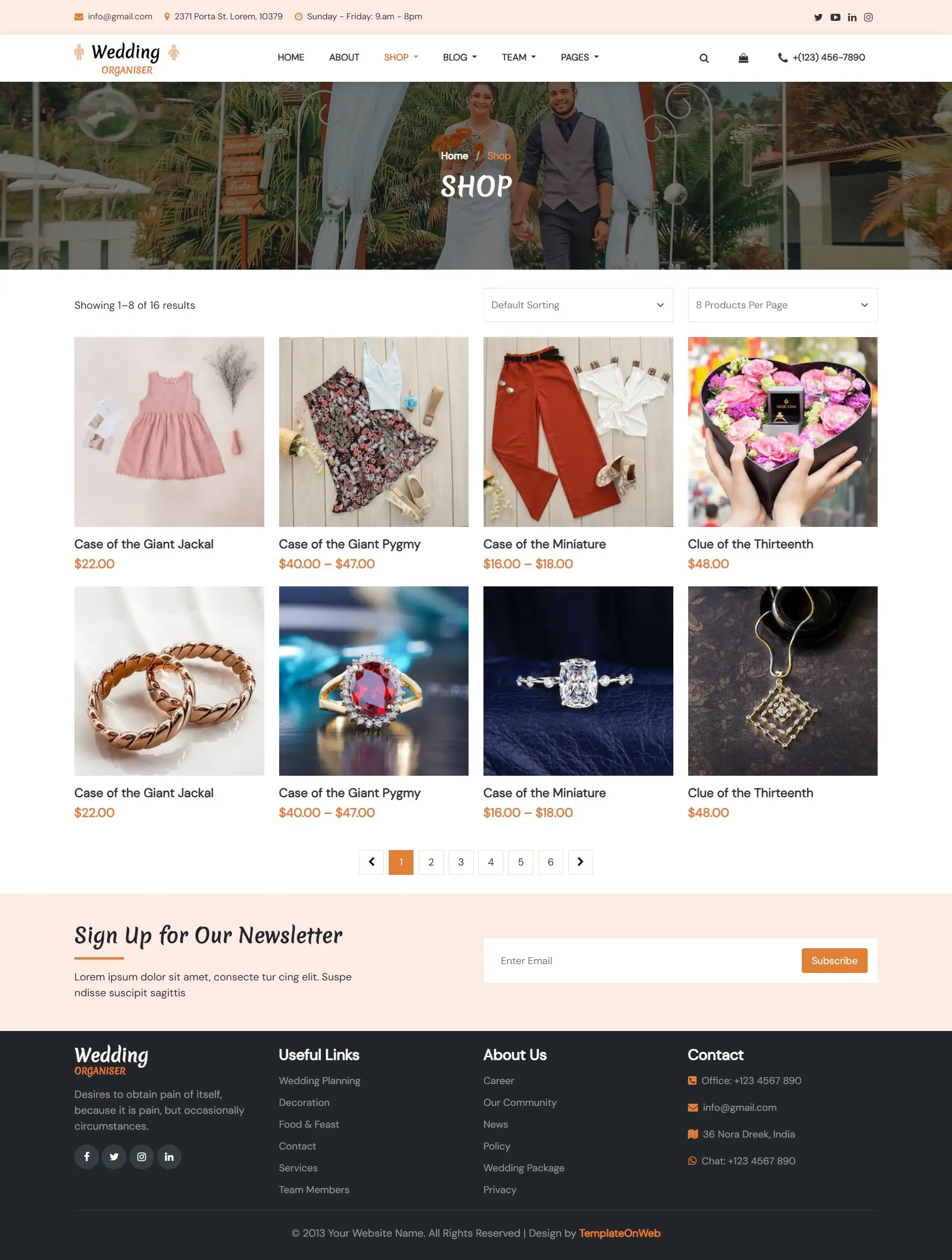 Marriage organiser provided products shop web page