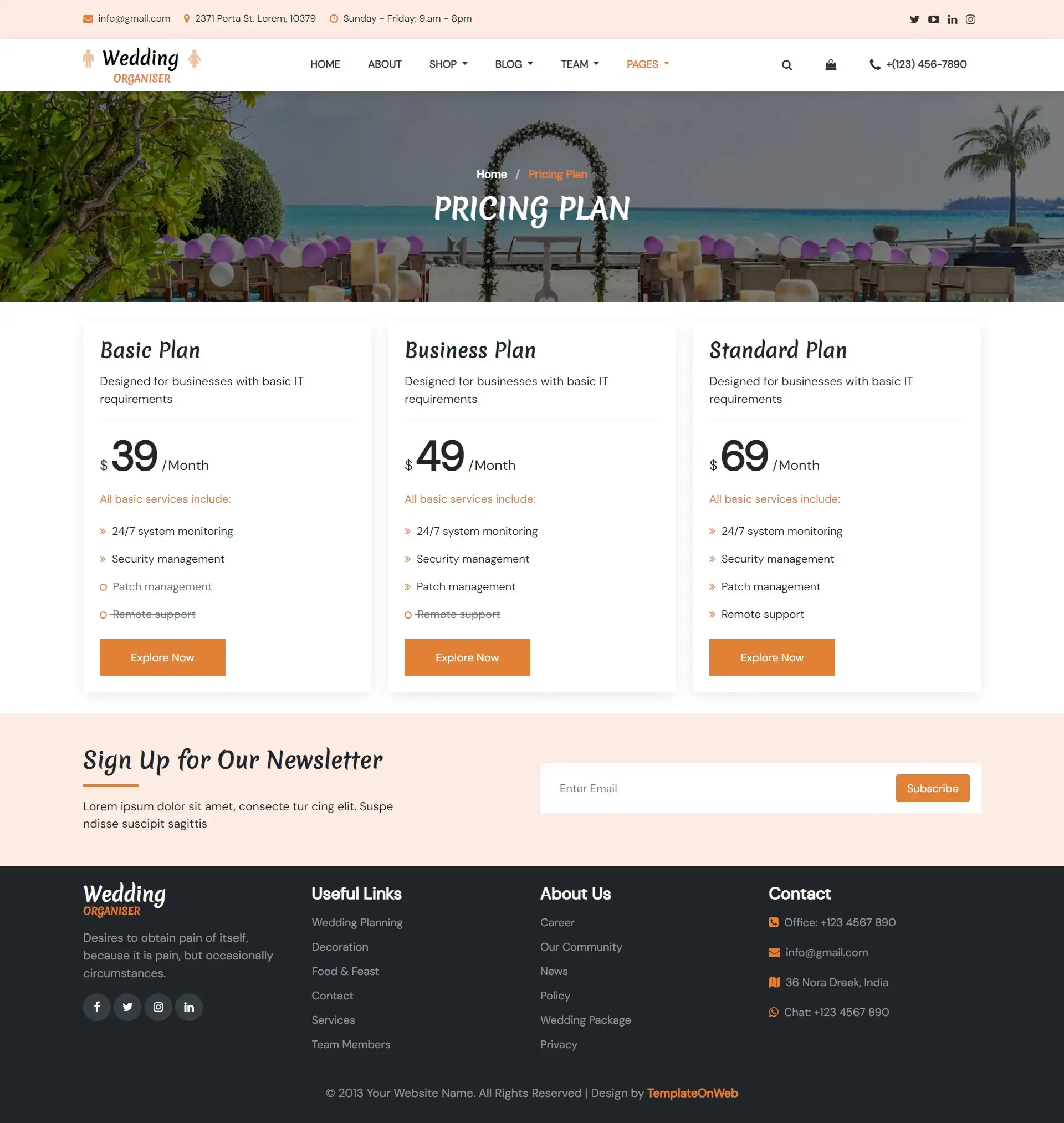 Wedding organizer services web page