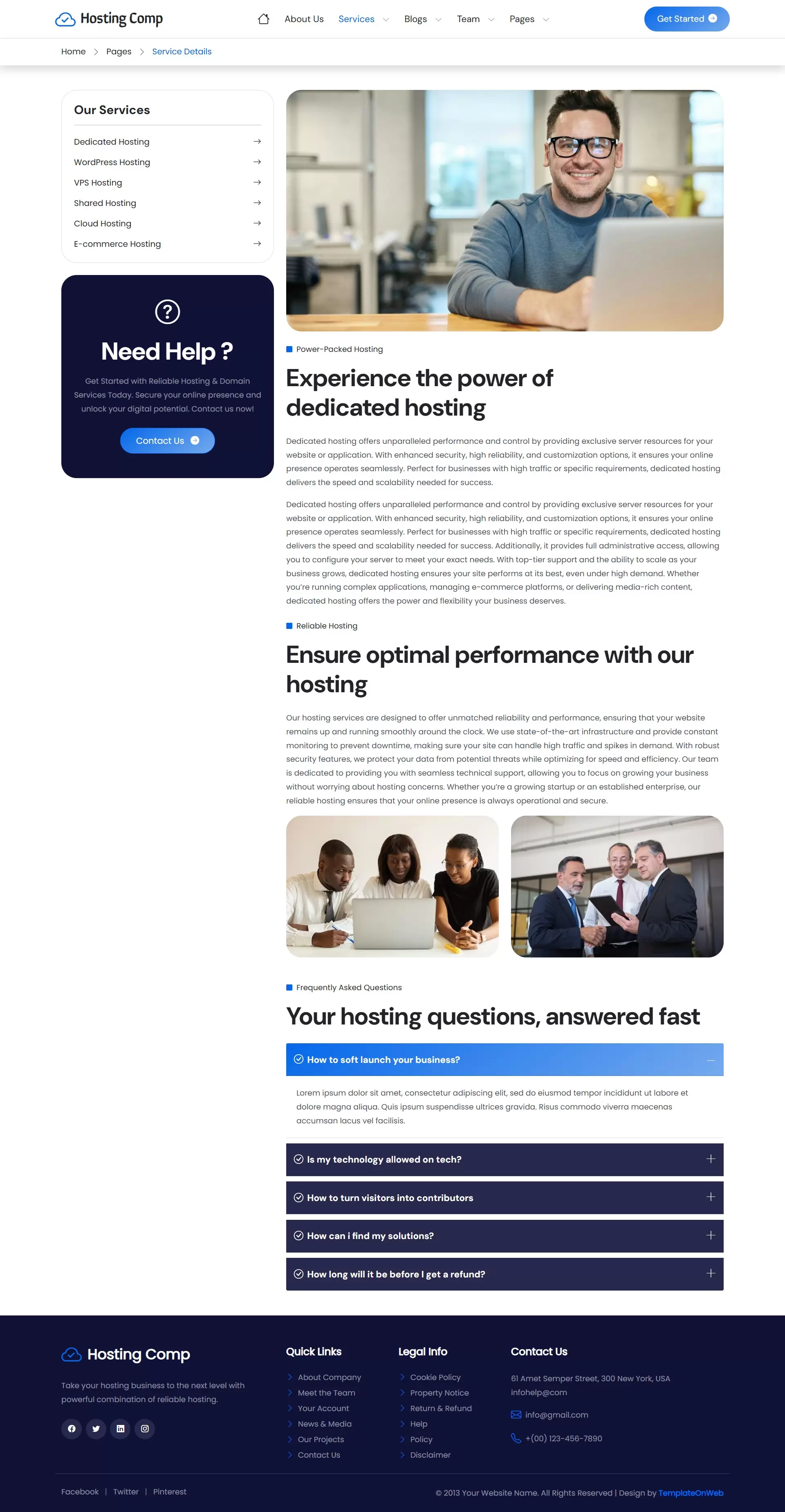 Showcase different type of hosting service details