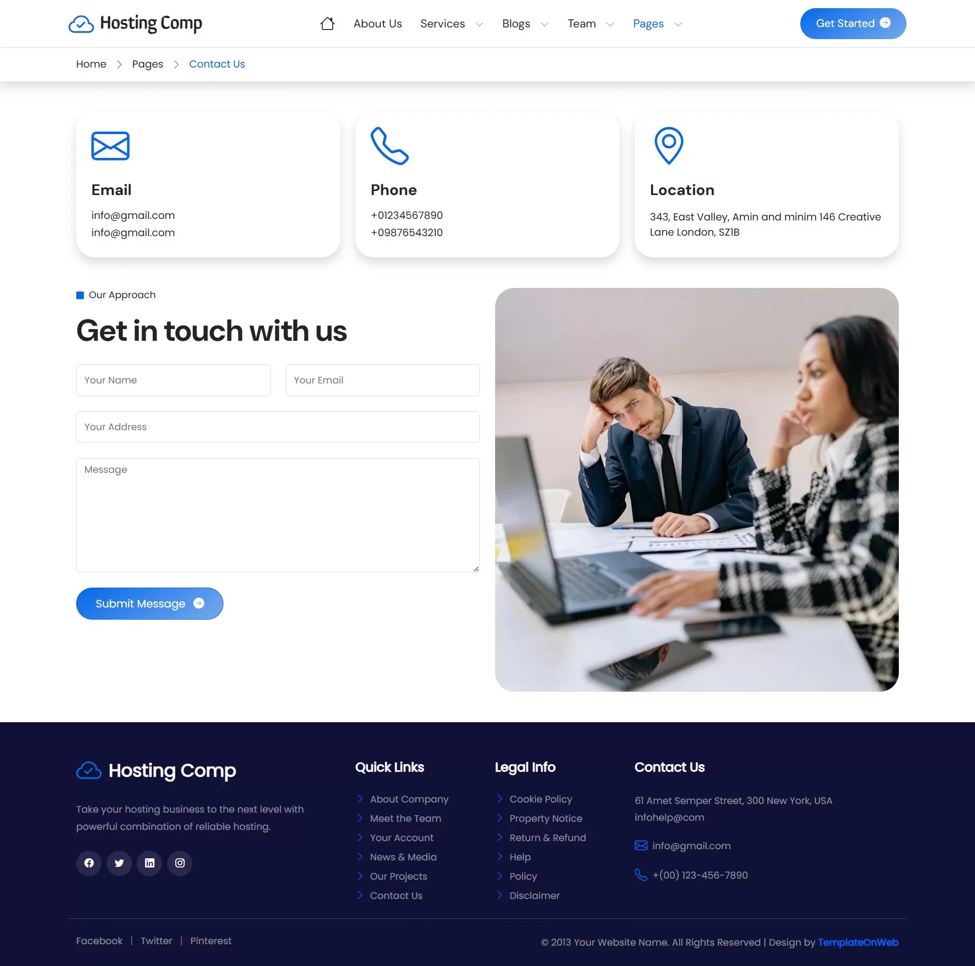 Contact Page with Map, contact form, support emails/numbers