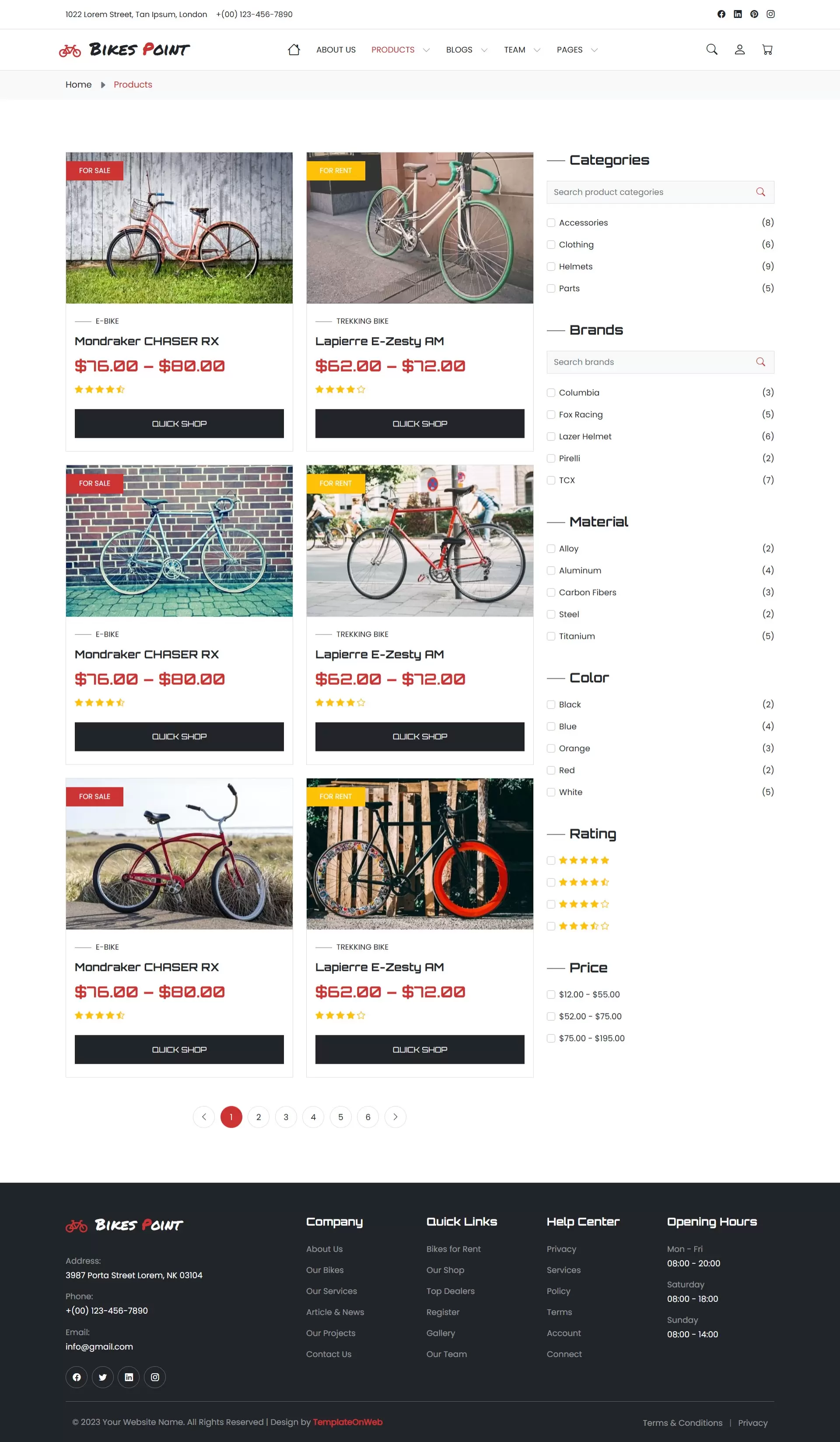 Product listings for various bicycle models and accessories
