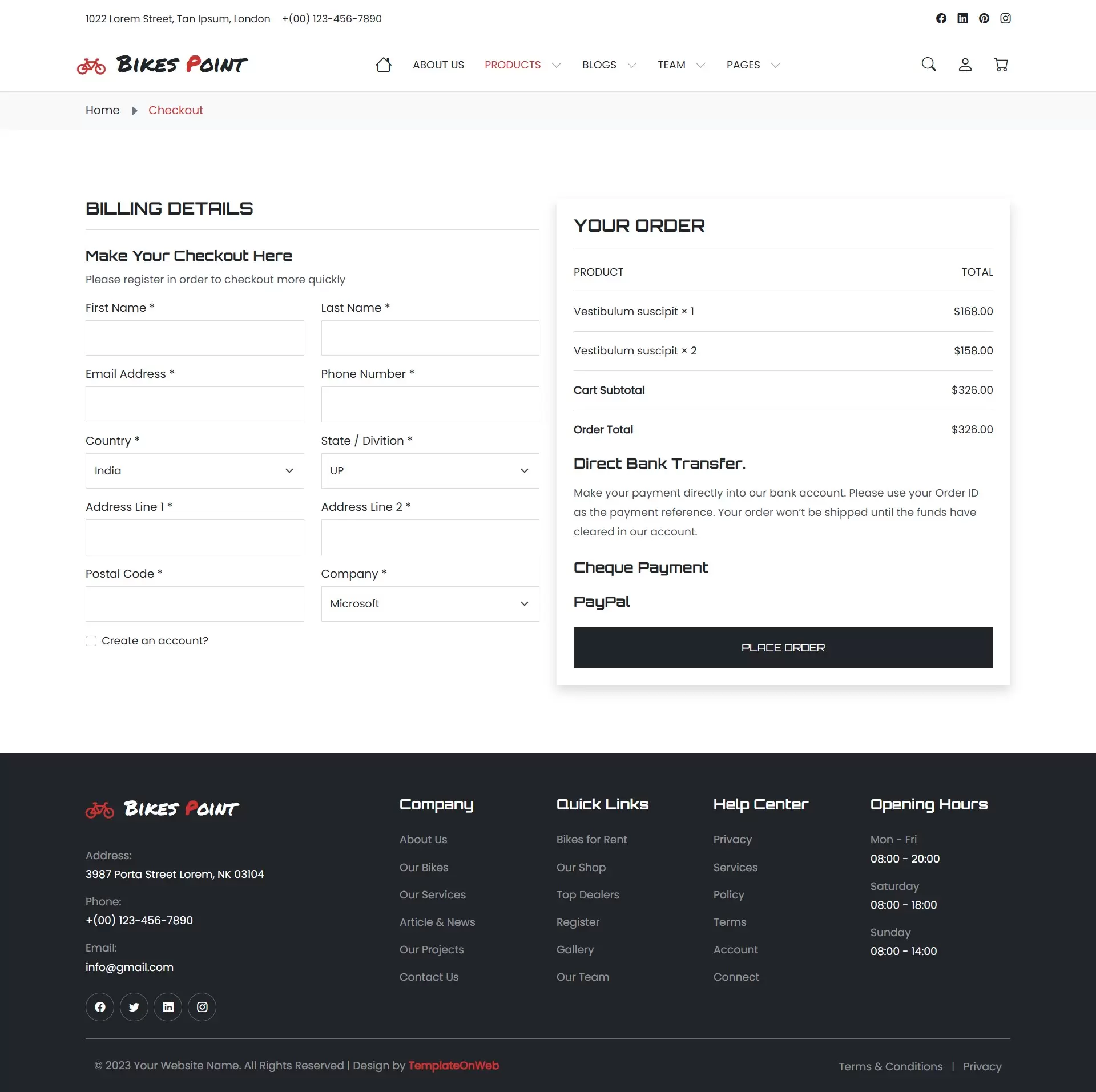 Order summary with product details and total cost