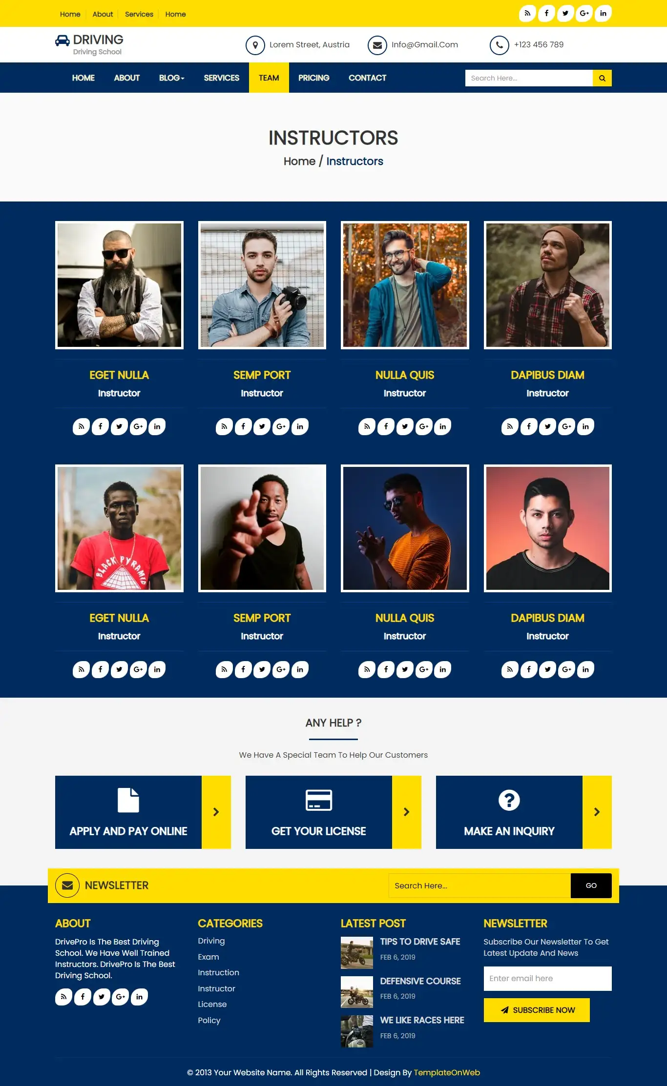 Driving school team webpage