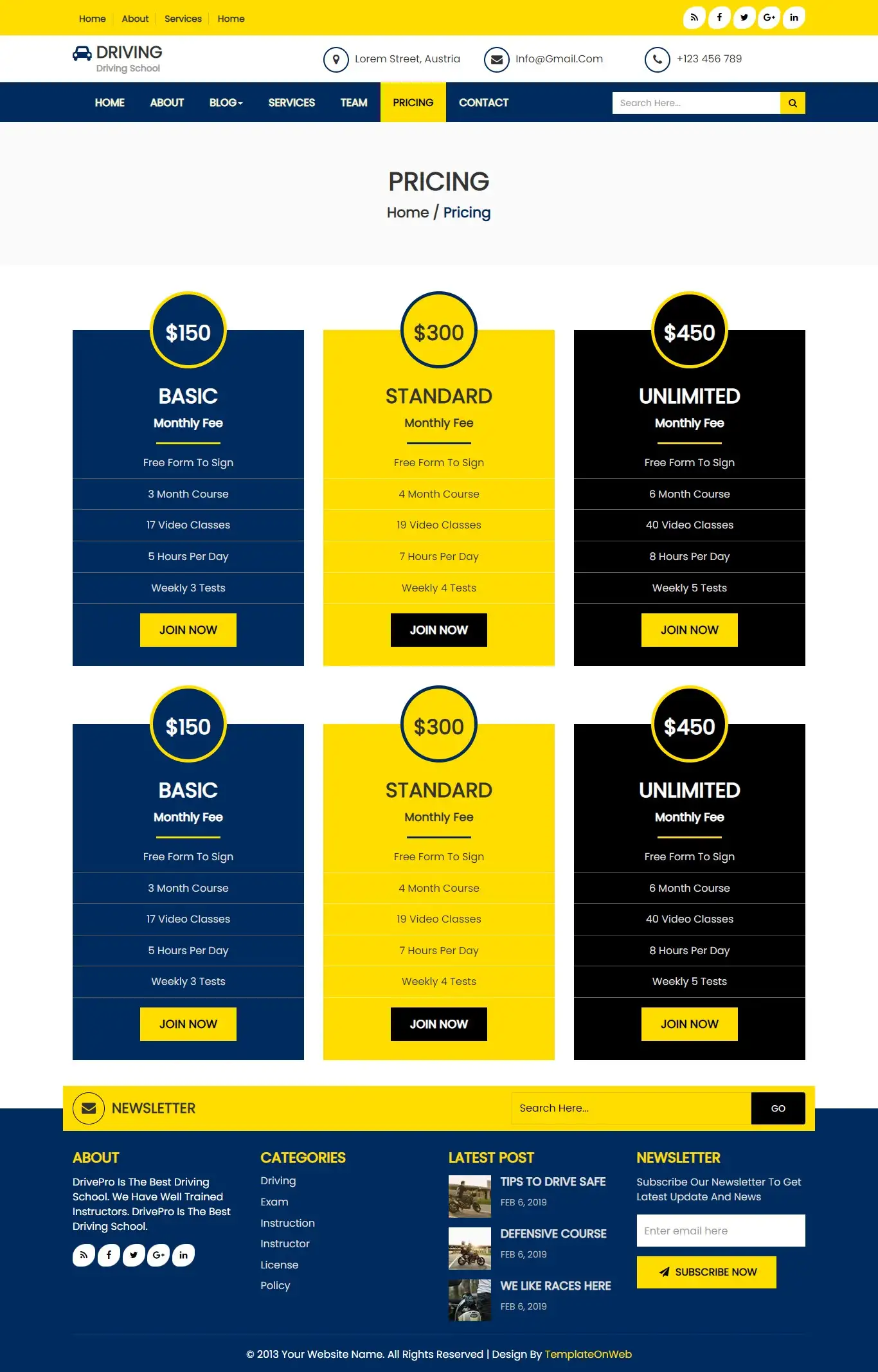 Driving training pricing