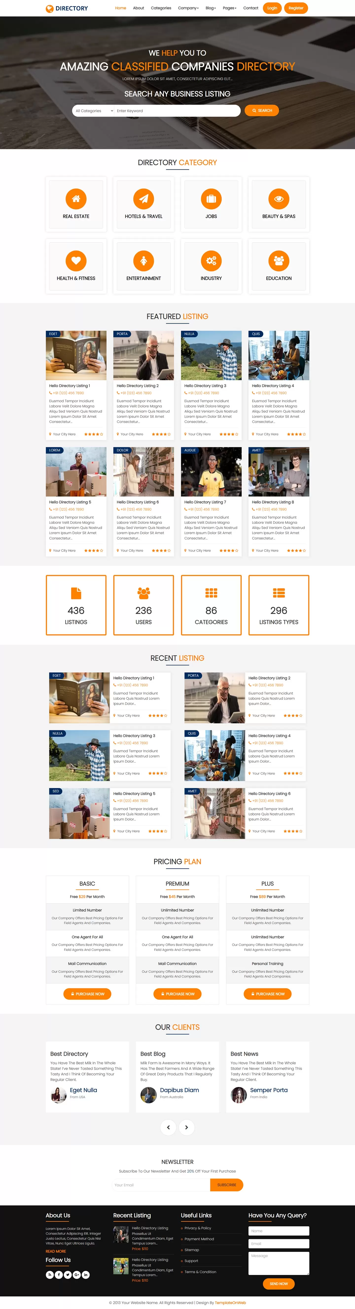 Business directory template home page display company category, search, and listing
