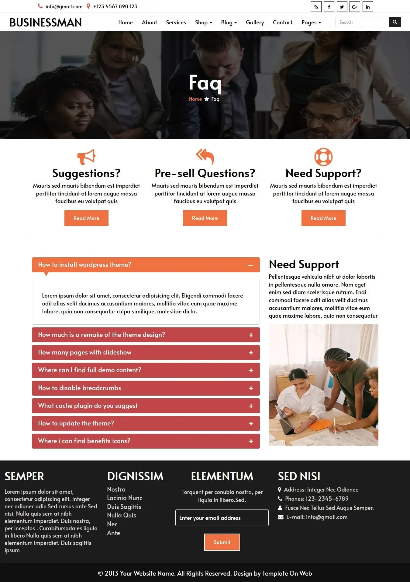 Web template faqs page screen