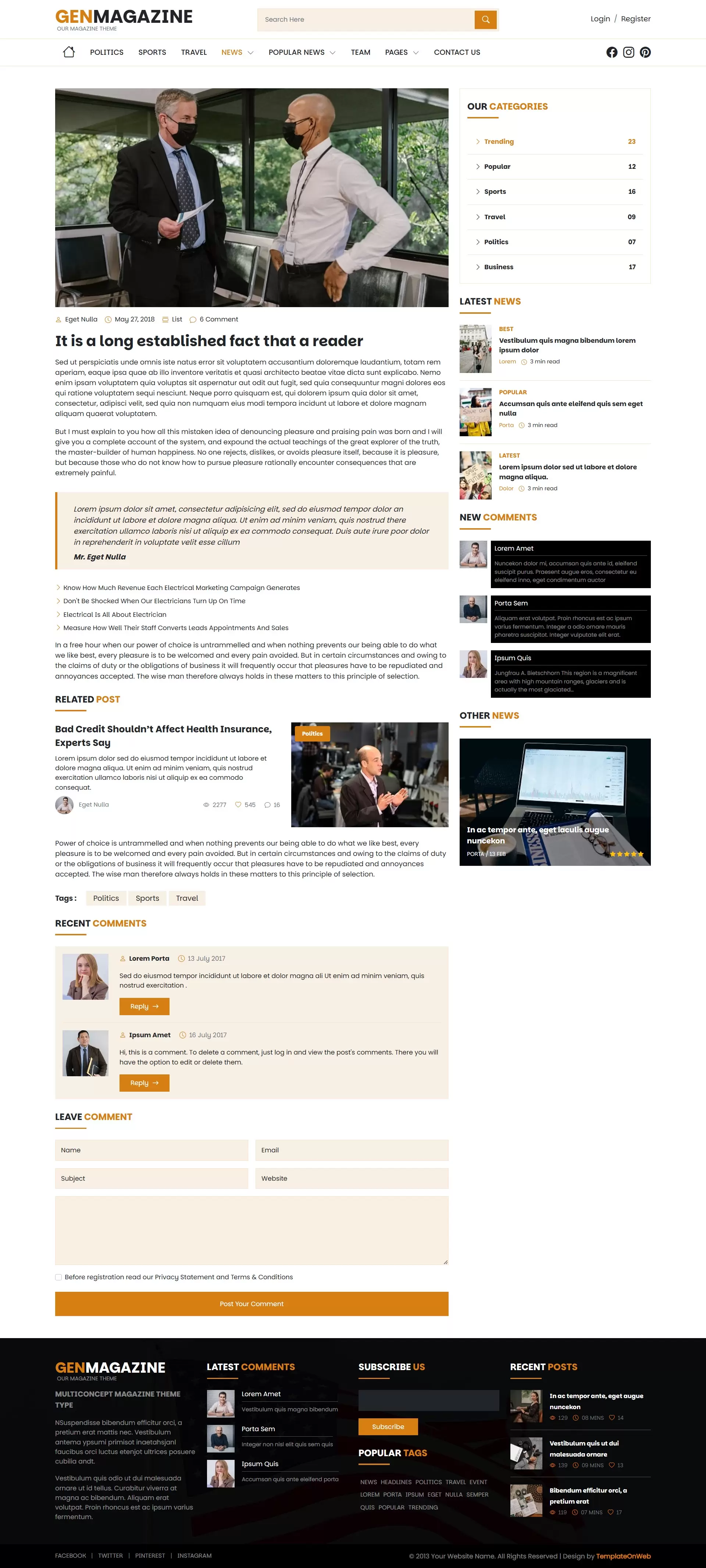 Article details page headlines, images, social sharing buttons, author details and comments