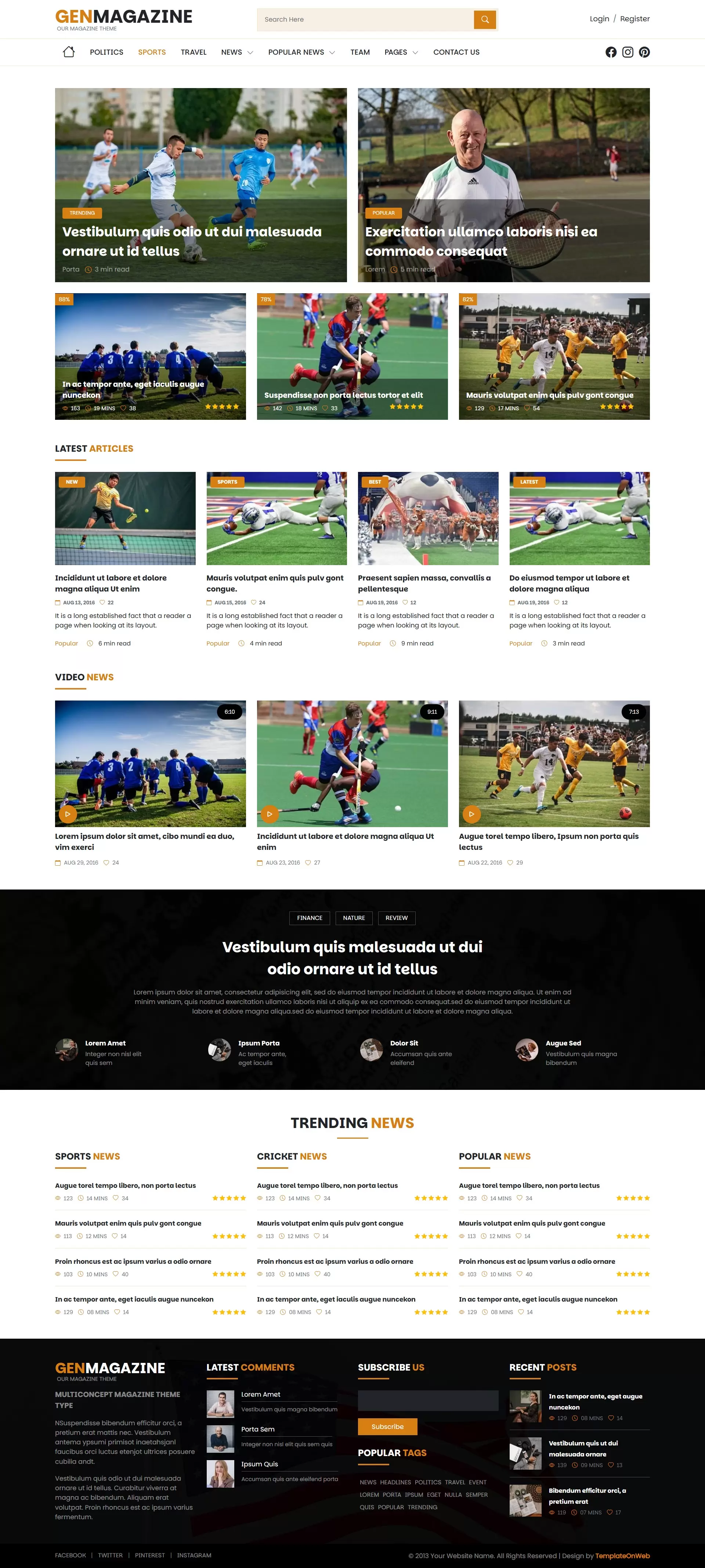 Organize sports content into distinct sections like cricket, football, tennis, etc