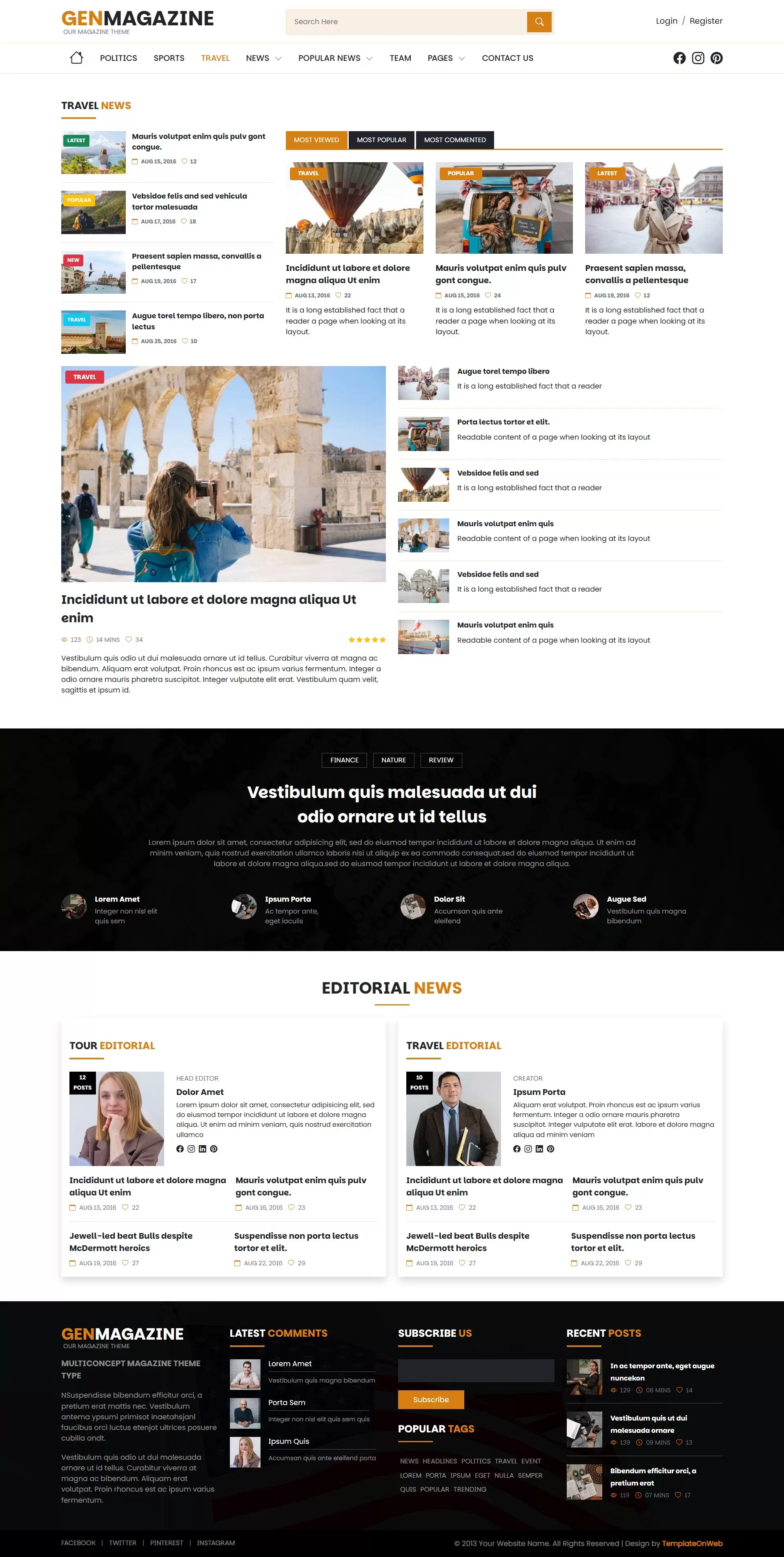 Travel articles listing with headlines, images, social sharing buttons