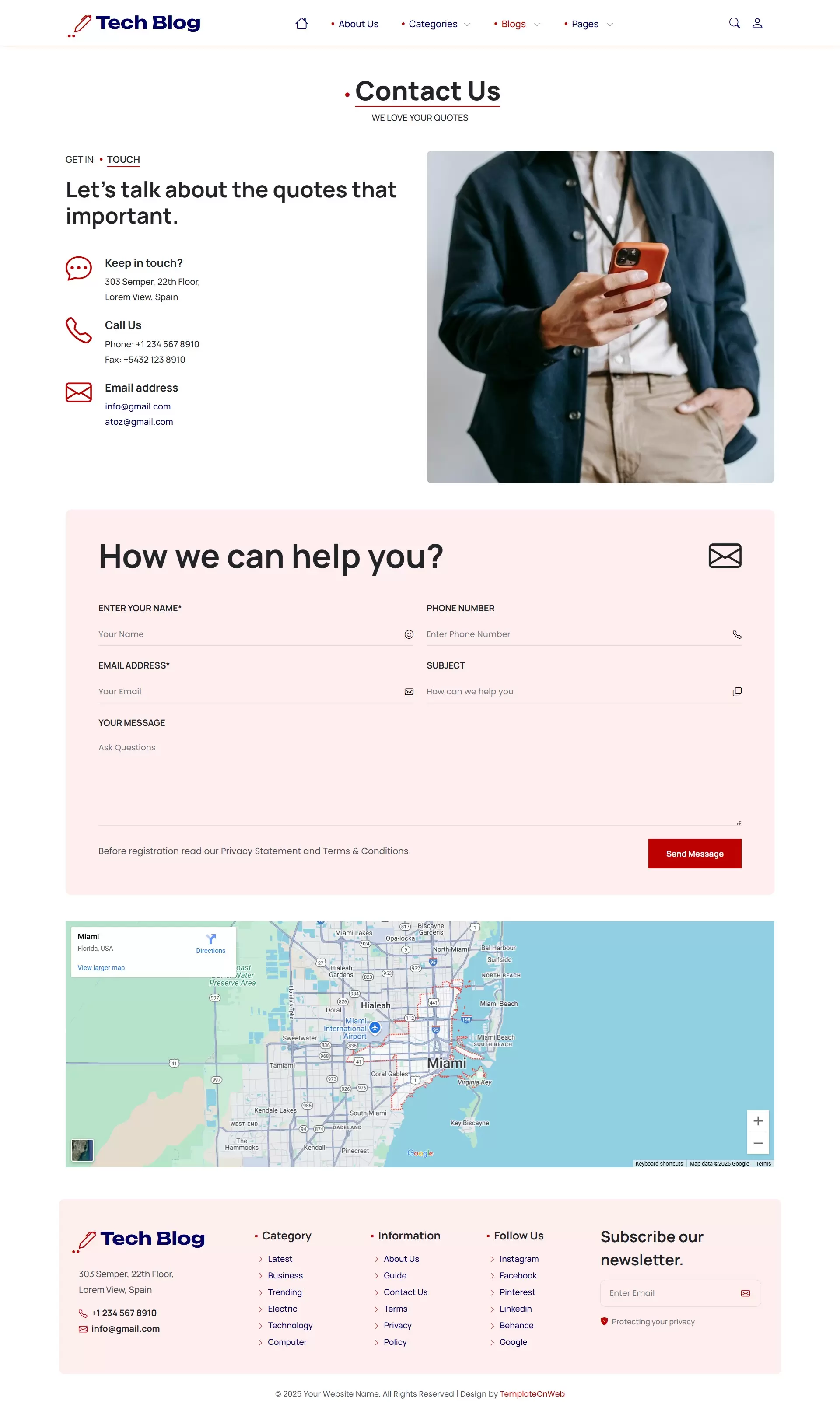 Contact us page with email, phone, and social media links for technical blog