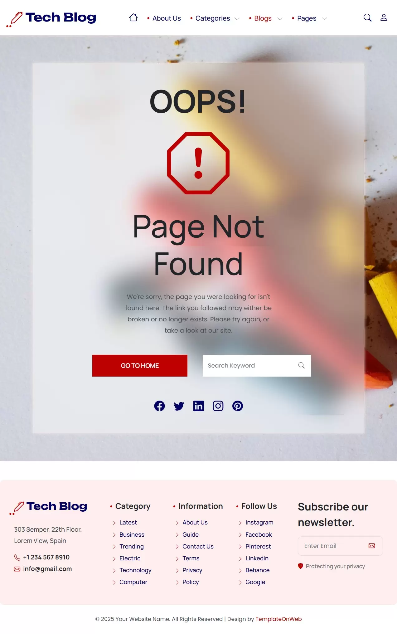 Error page screenshot showing navigation back to technical blog homepage