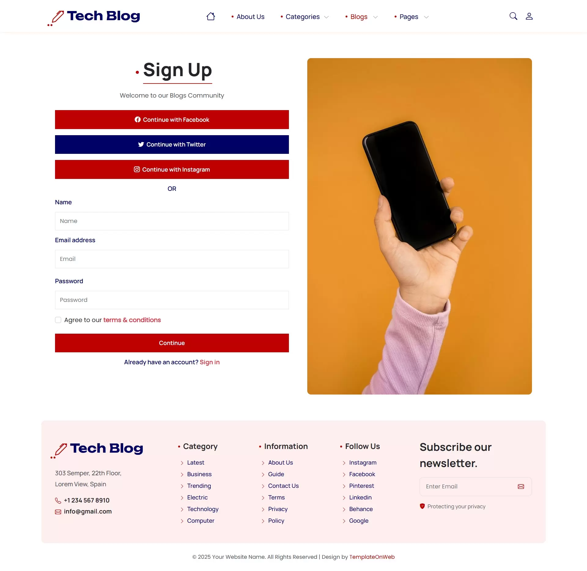 Clean sign-up page layout with name, email, and password fields