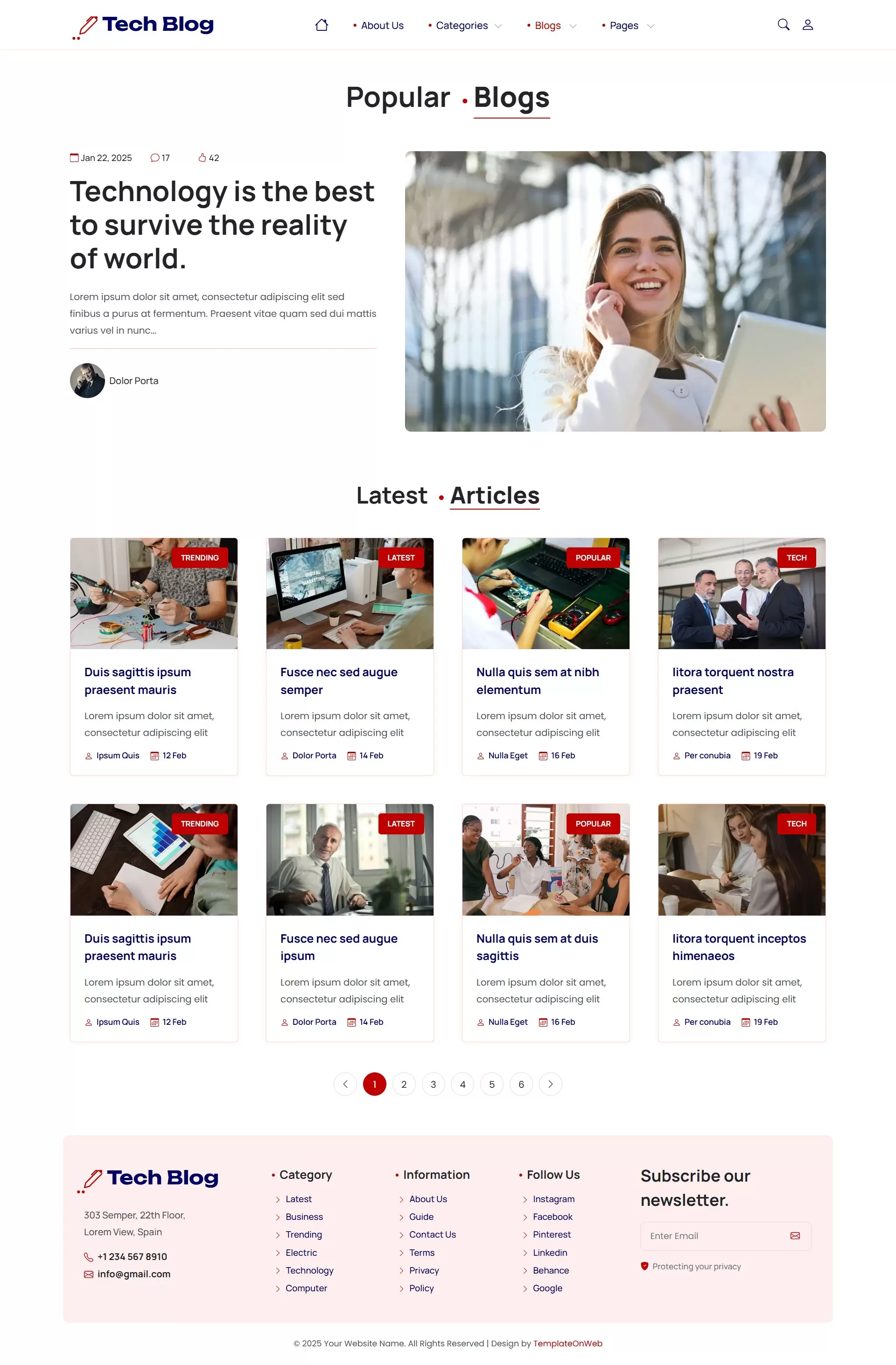 Clean list of technical blog posts with featured images and excerpts