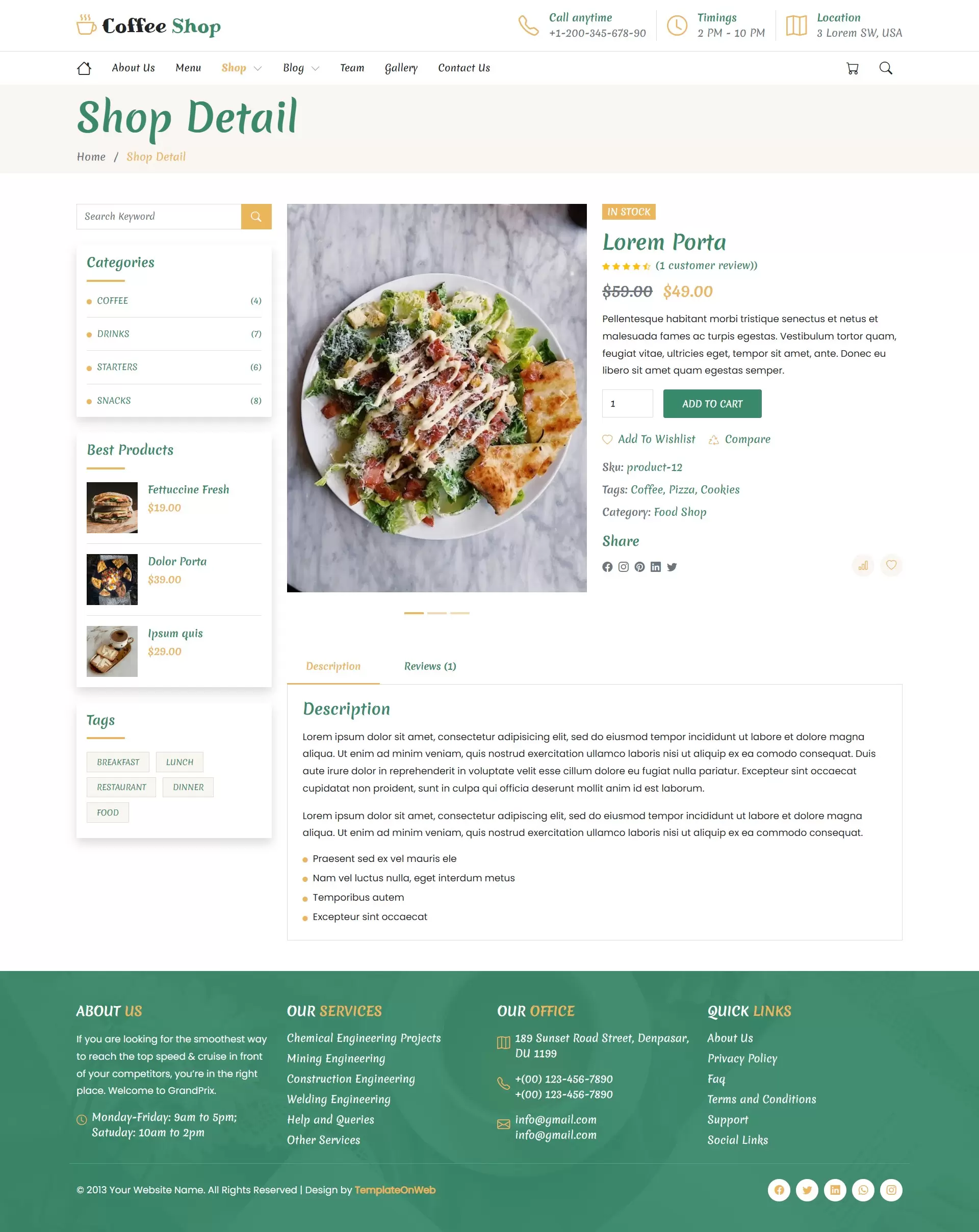 Coffee product details and price display with shopping options