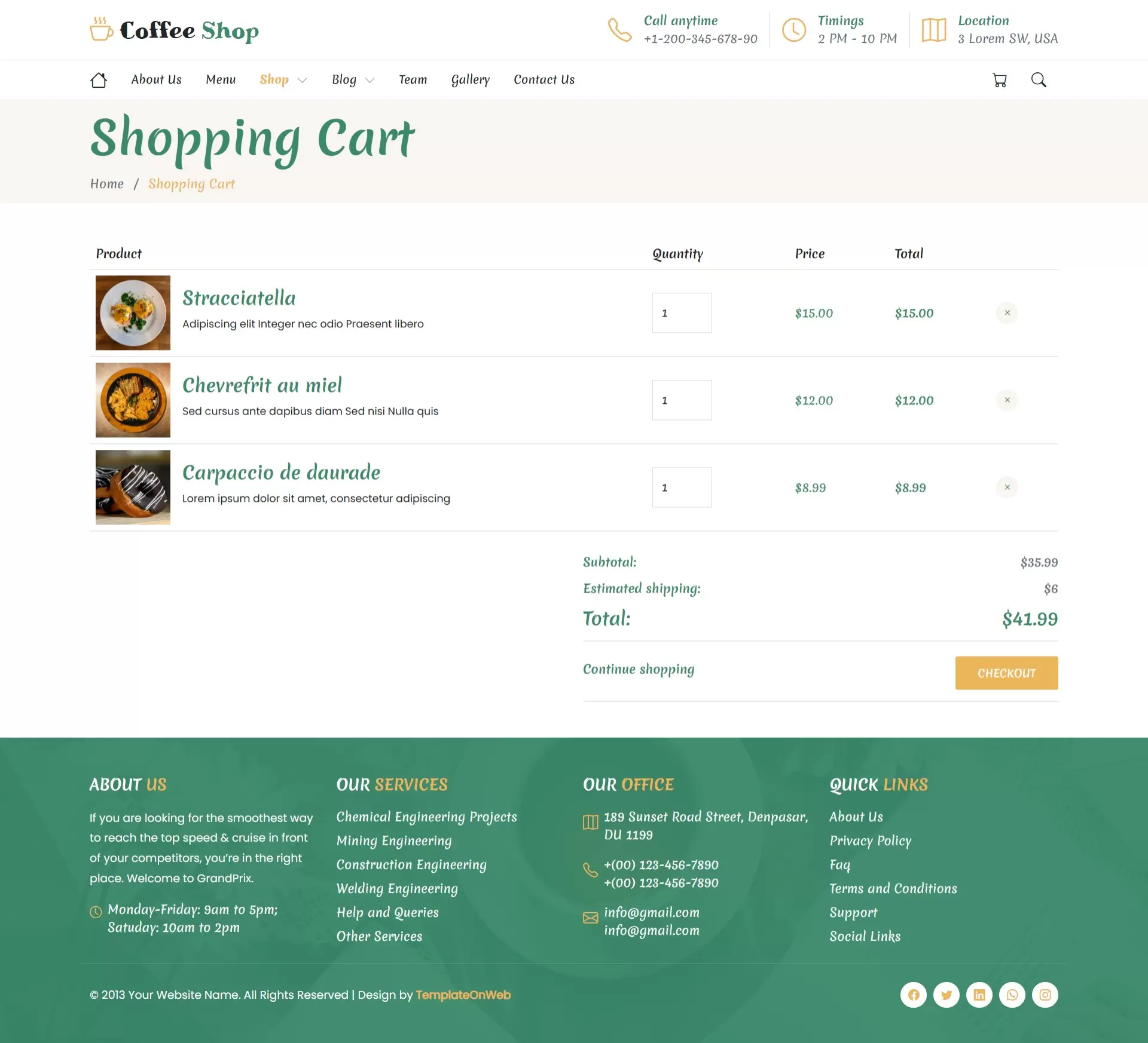 Show selected coffee products, adjust quantities, remove items, and total cost