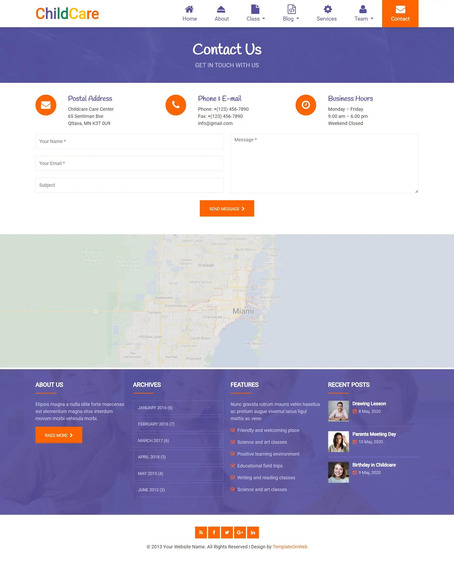 Childcare center address and location details web page