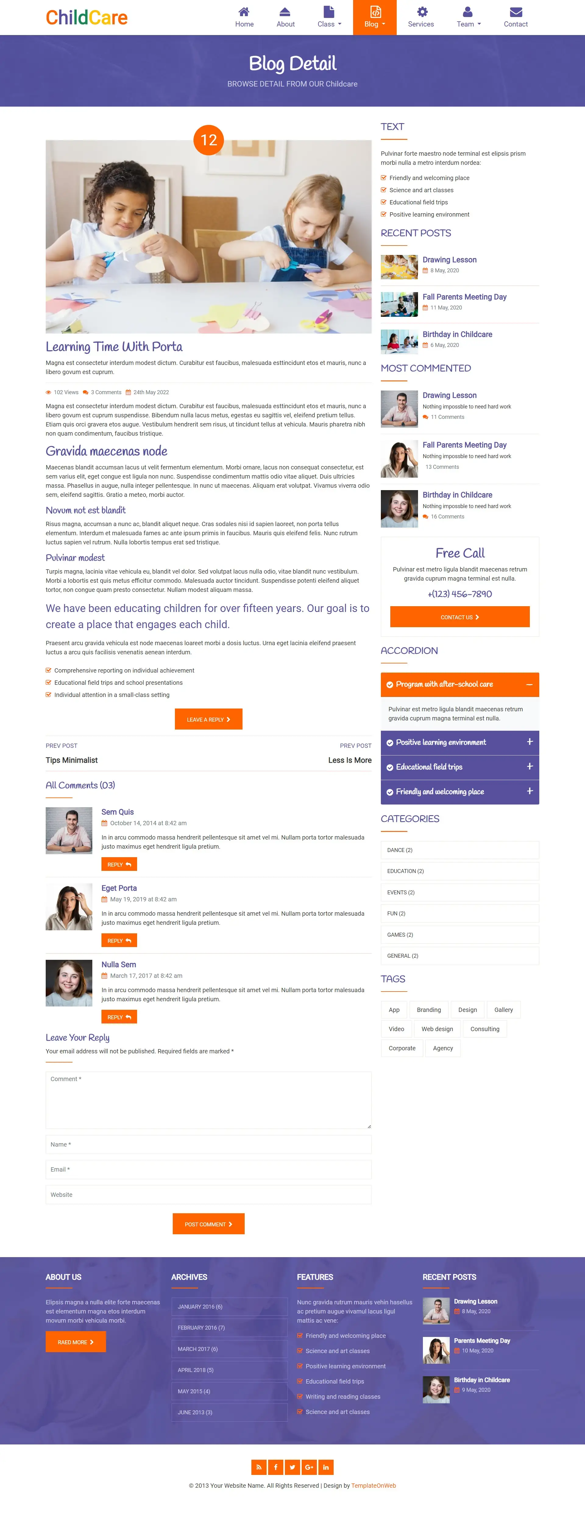 Play based learning blog detail page design