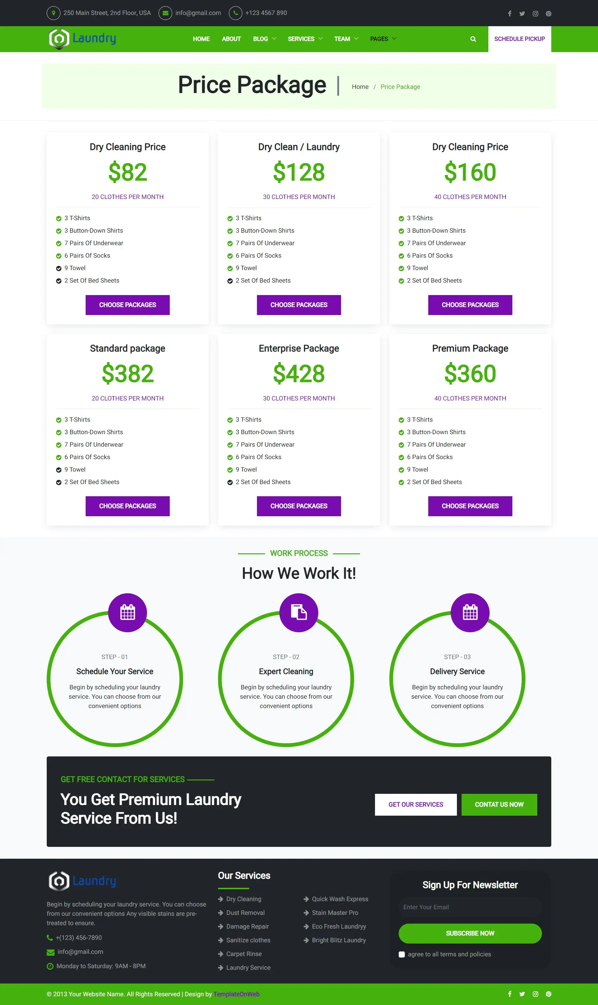 Self-service laundromat plans and pricing page design