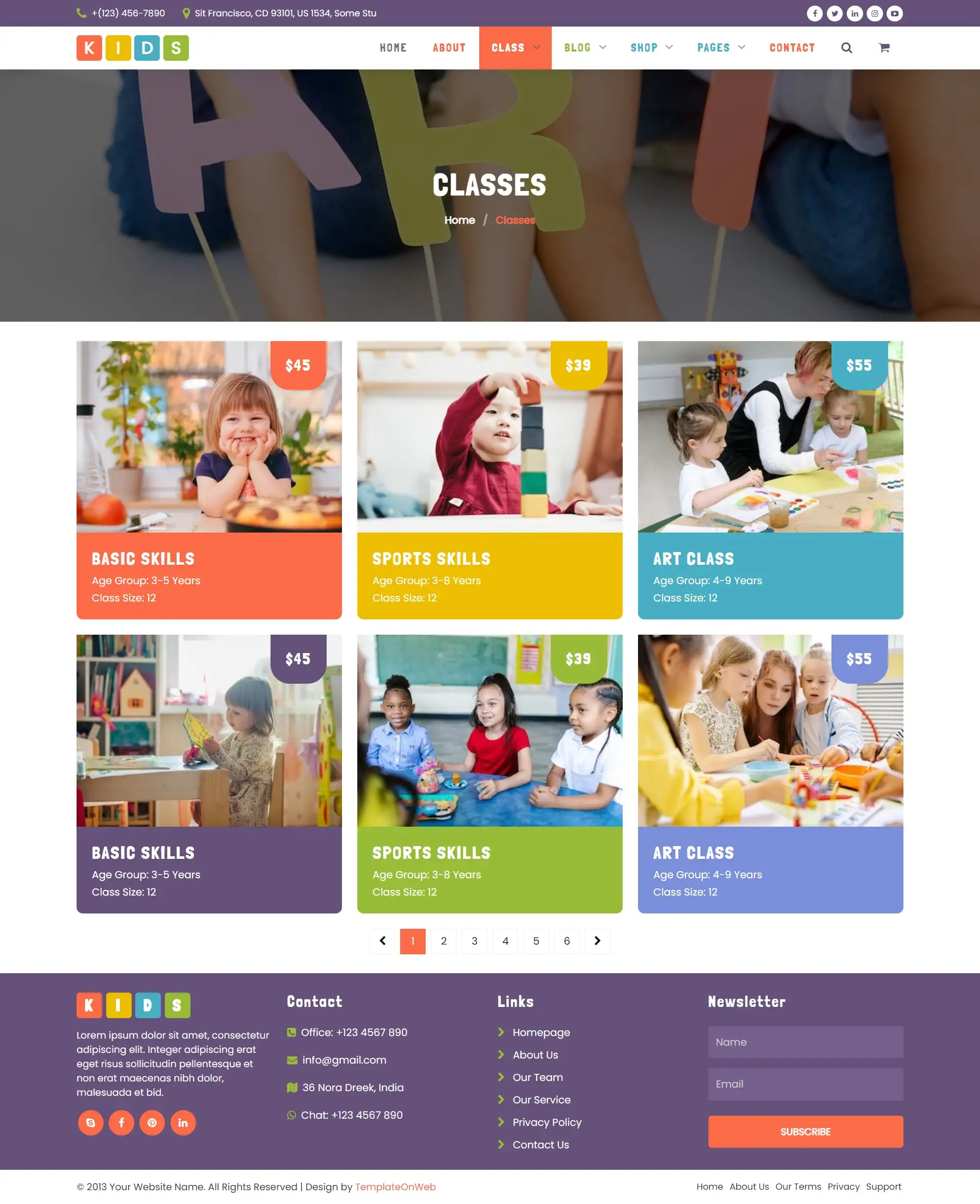 Kids skill development classes listing page html