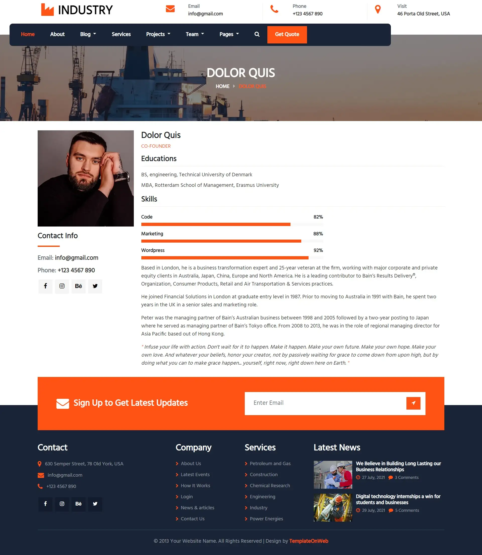 Industry team skill details responsive web page