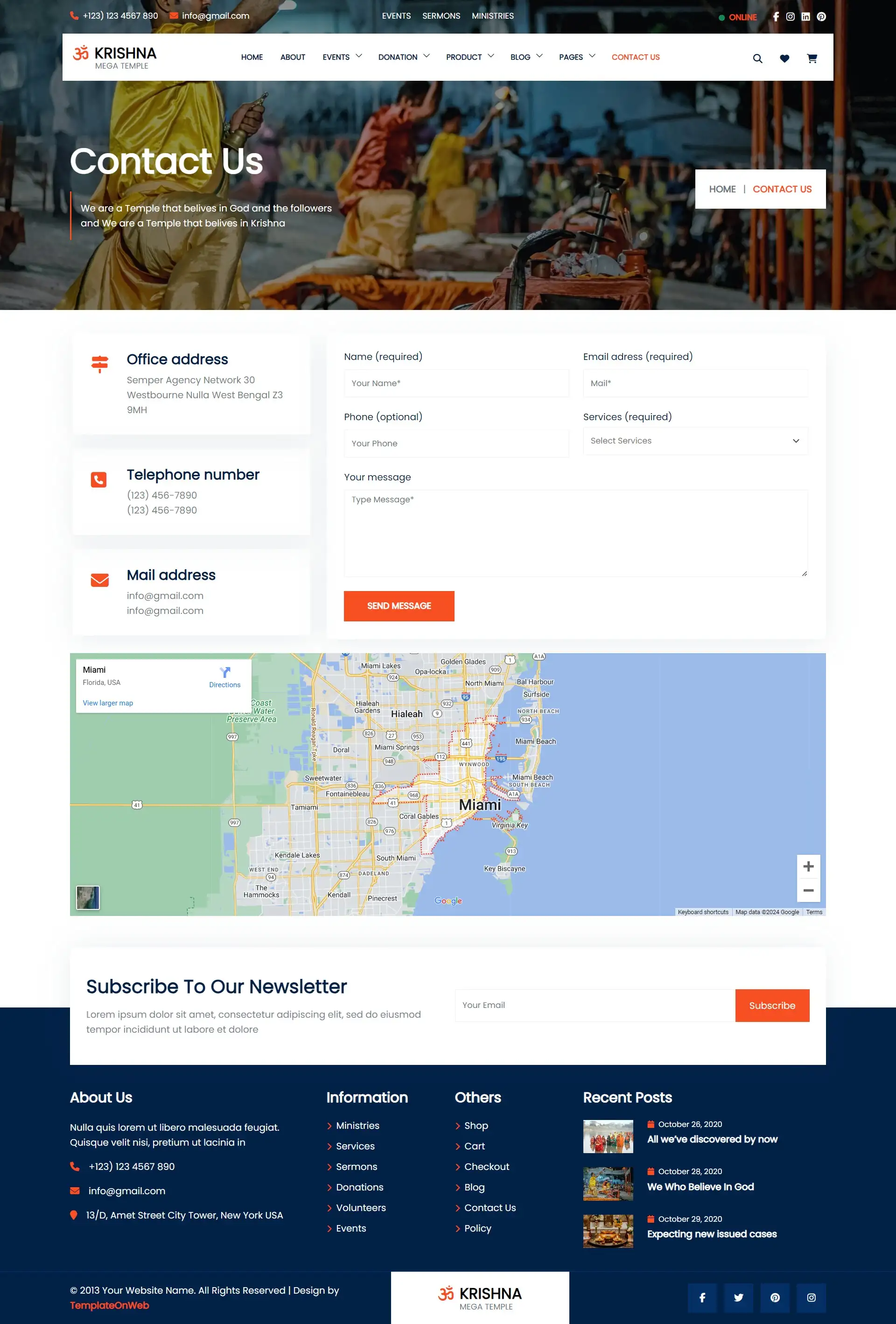Hindu temple location and contactus web page