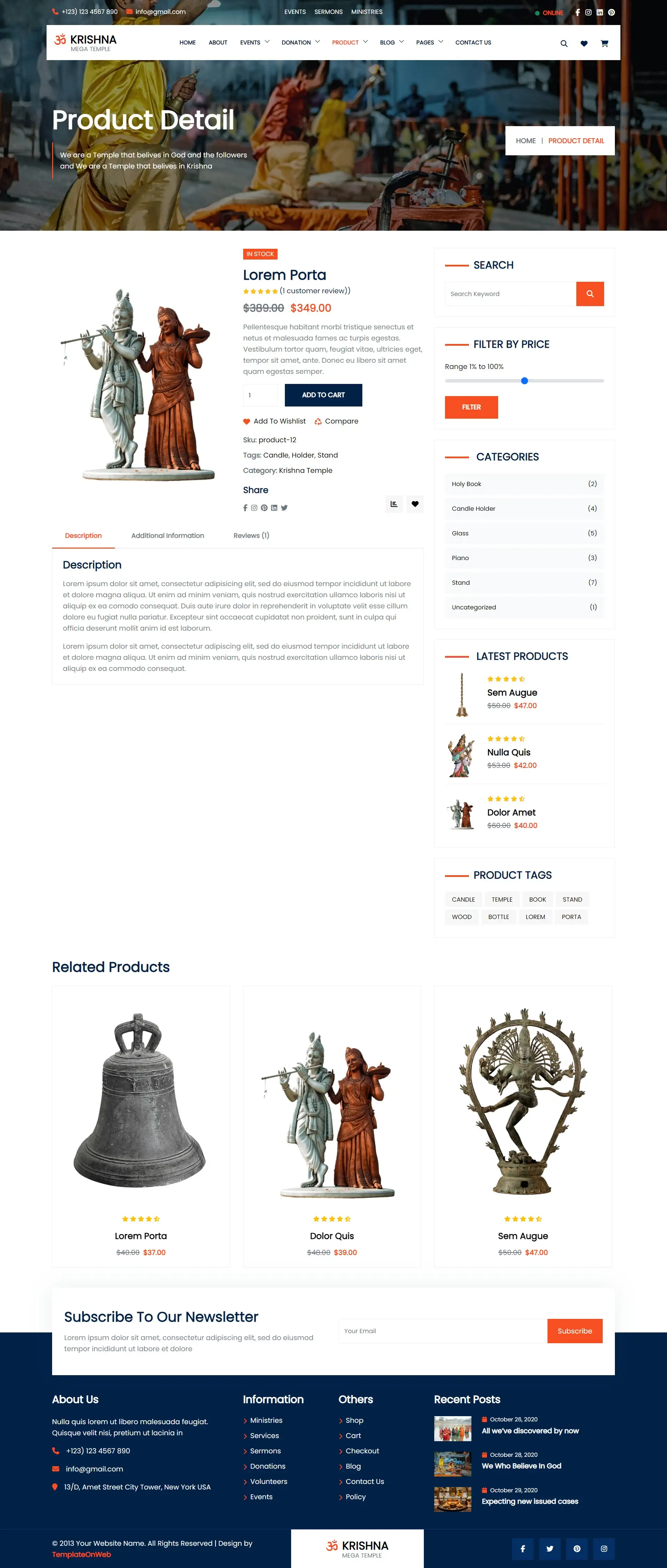 Online shopping cart for temple products