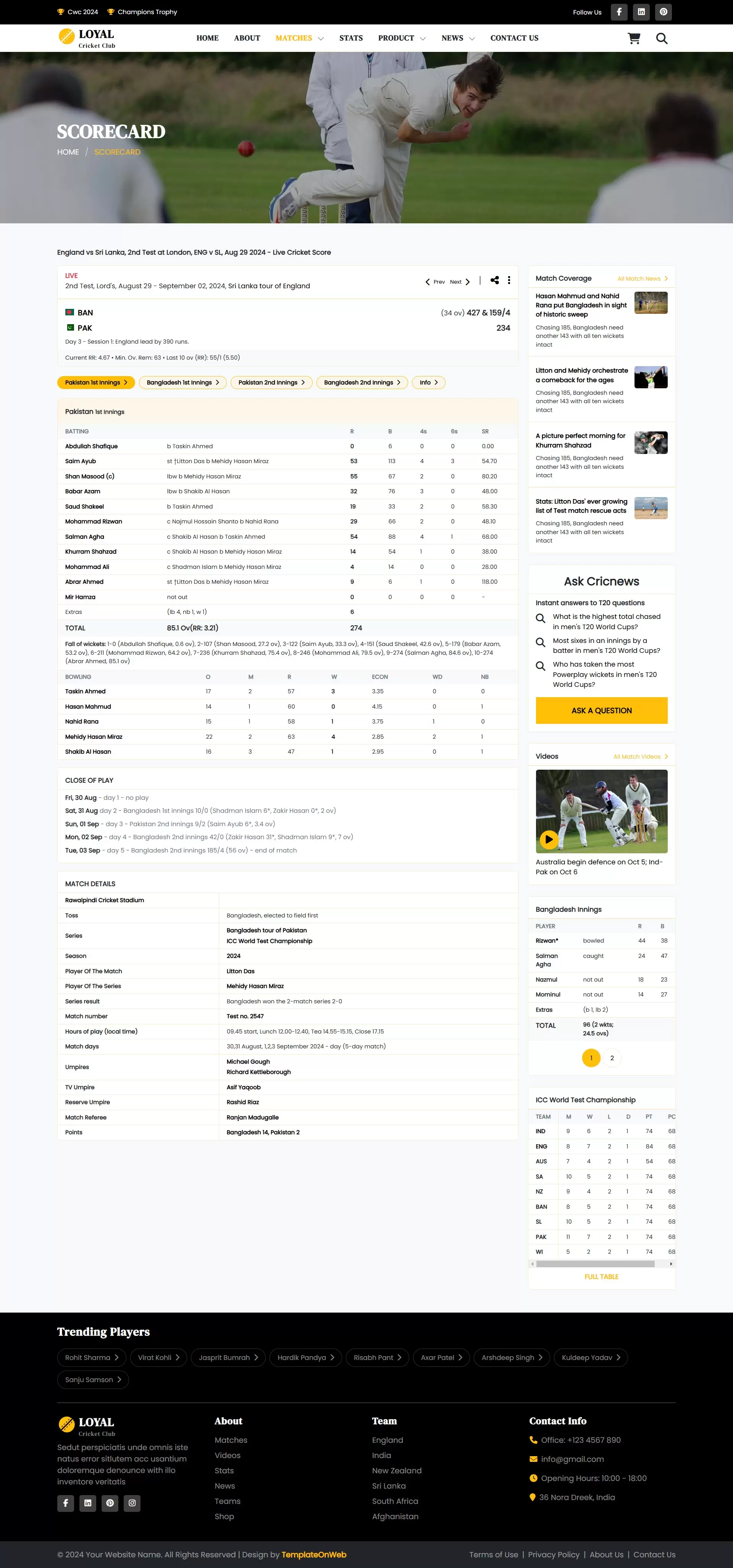Local cricket club match live scorecard page