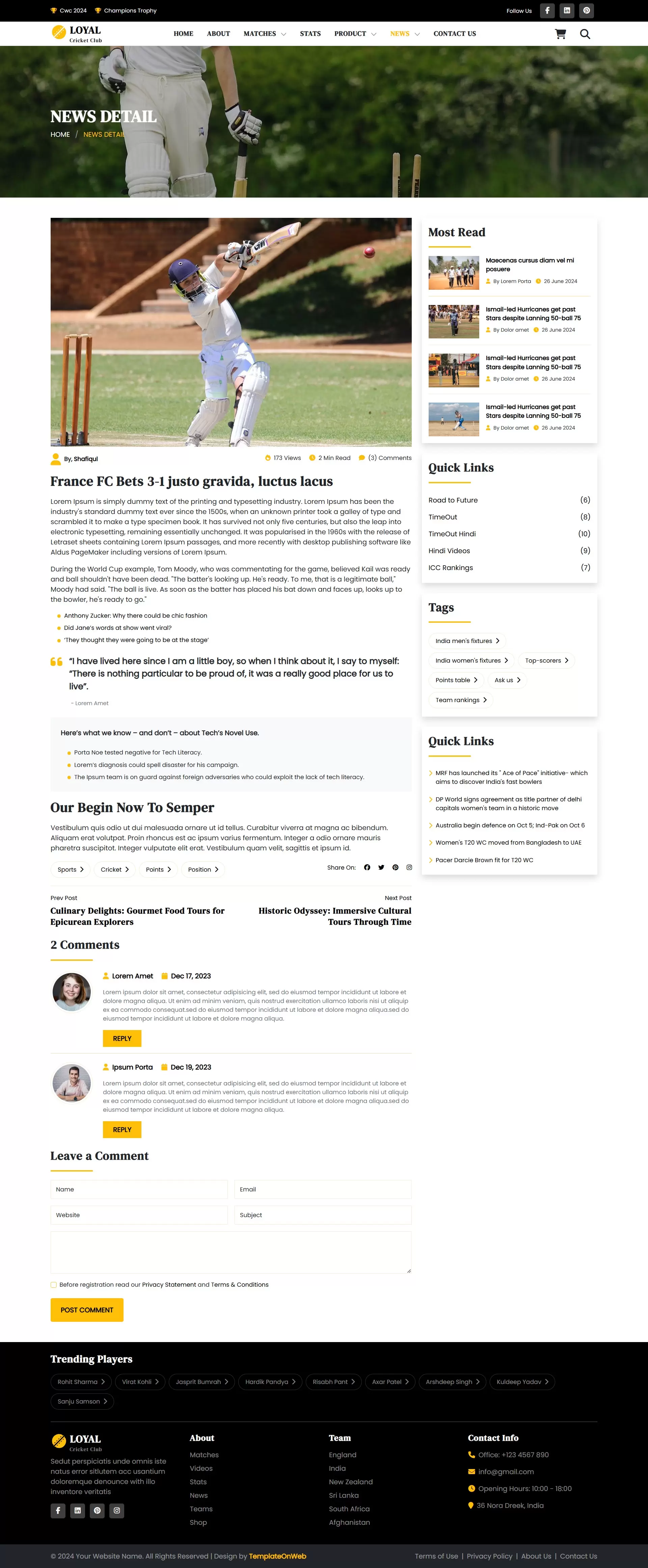 Cricket club blog details page featuring match recaps