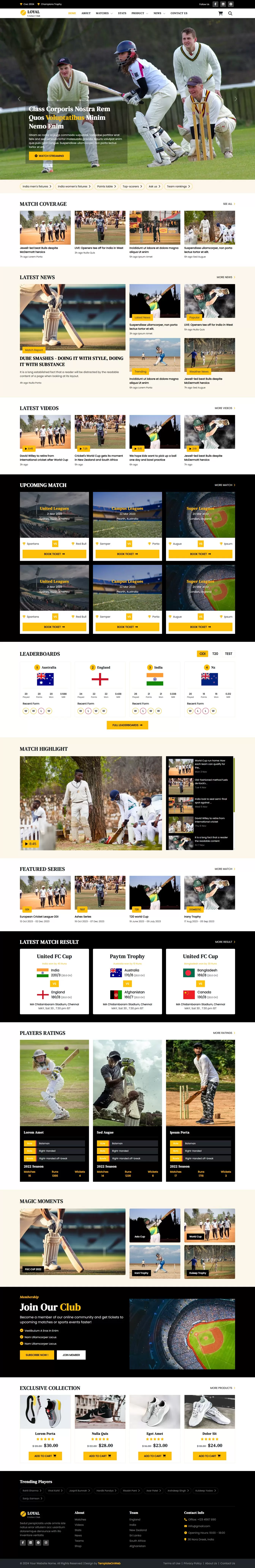 Homepage showcasing latest cricket news, upcoming events, and club updates