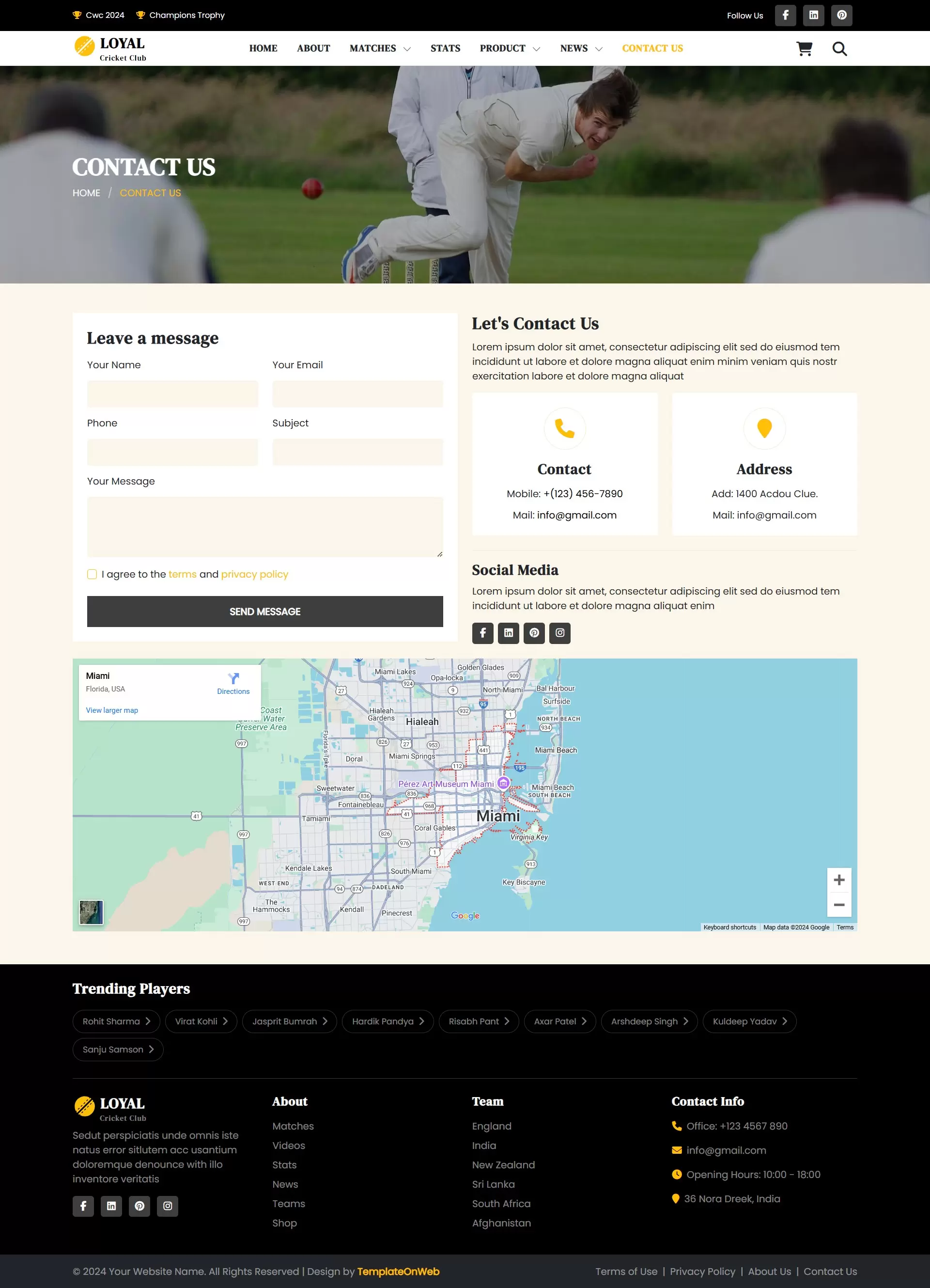 Cricket club contact section featuring location map and social media links