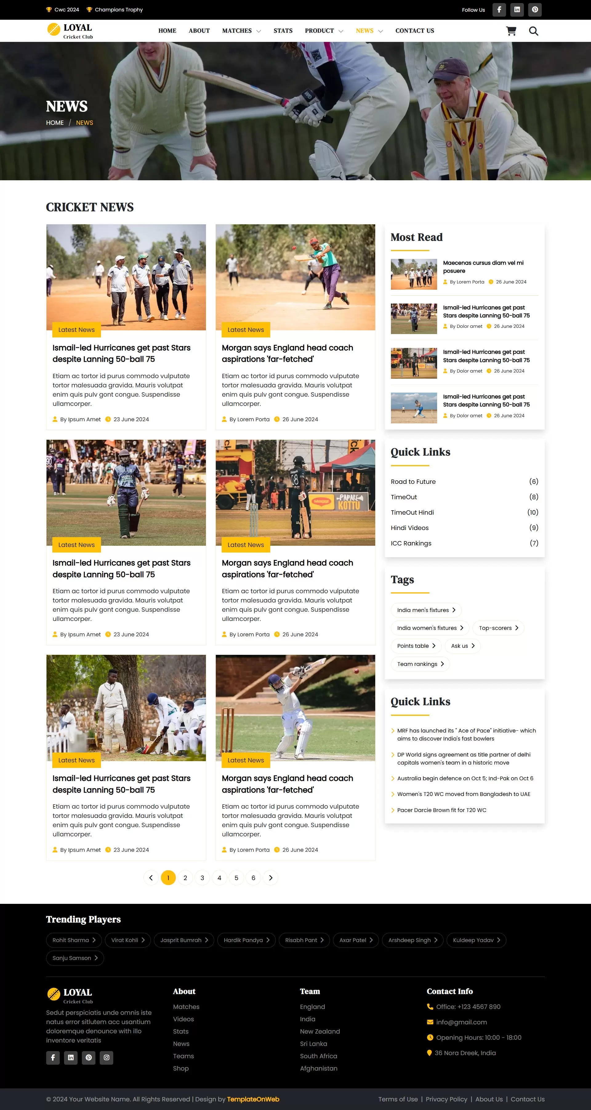 News listing page displaying recent cricket news and social sharing options
