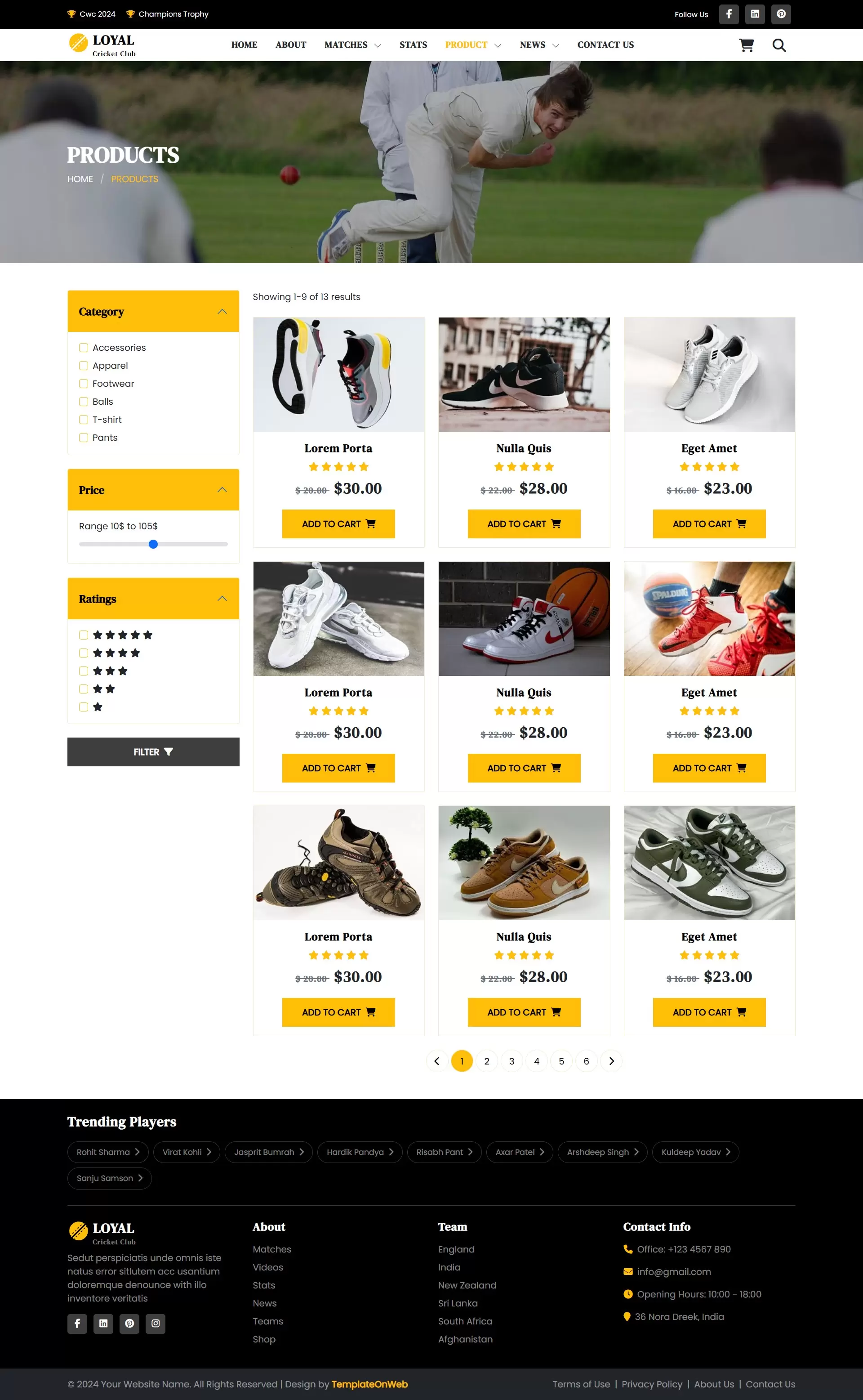 Cricket club products listing page