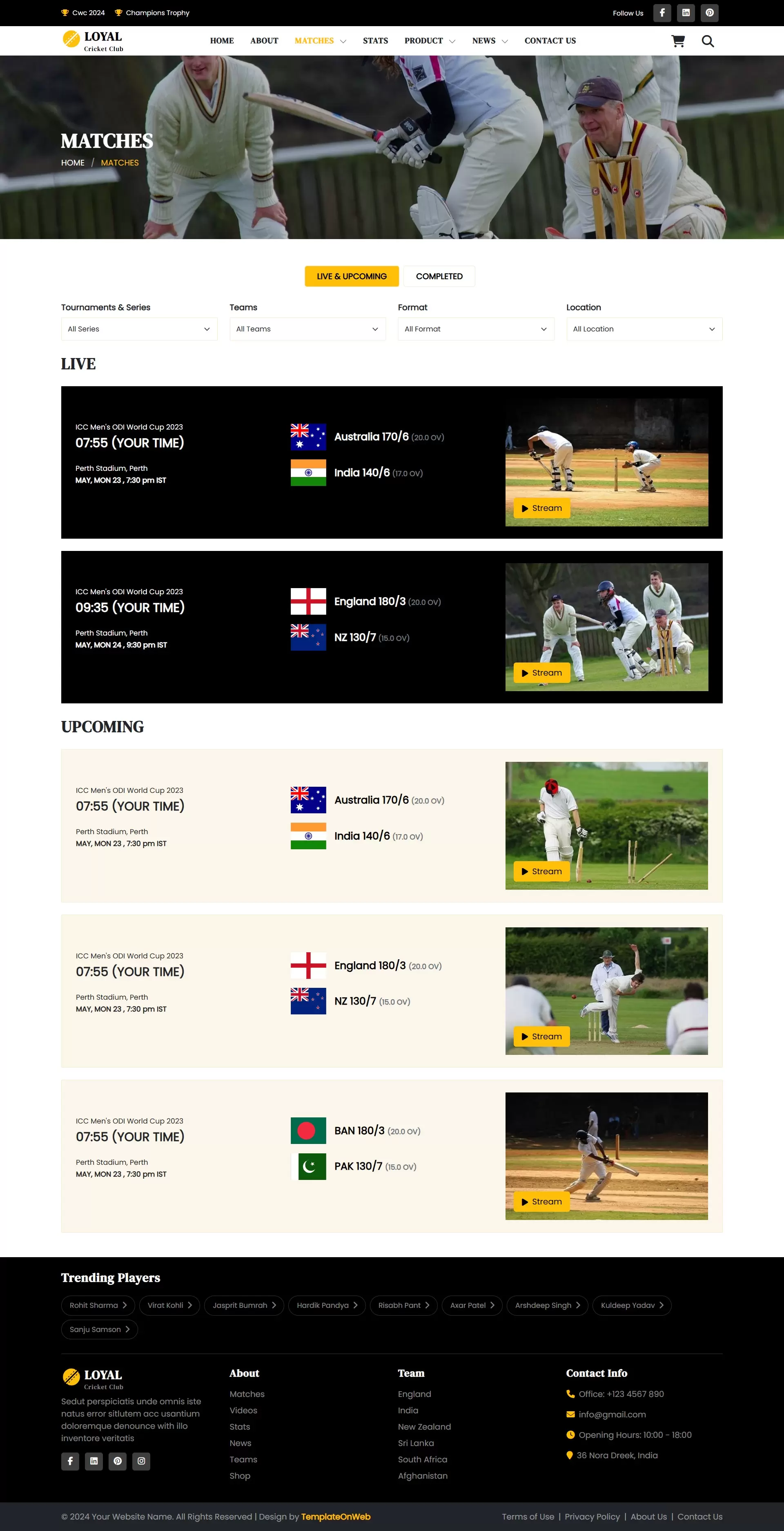 Cricket fixtures and upcomming matches page and venues