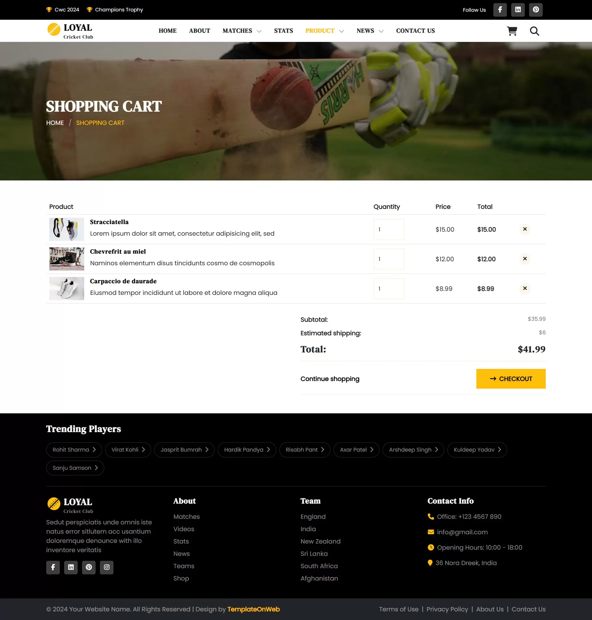 Cricket bat, ball, pads, glubs shopping cart