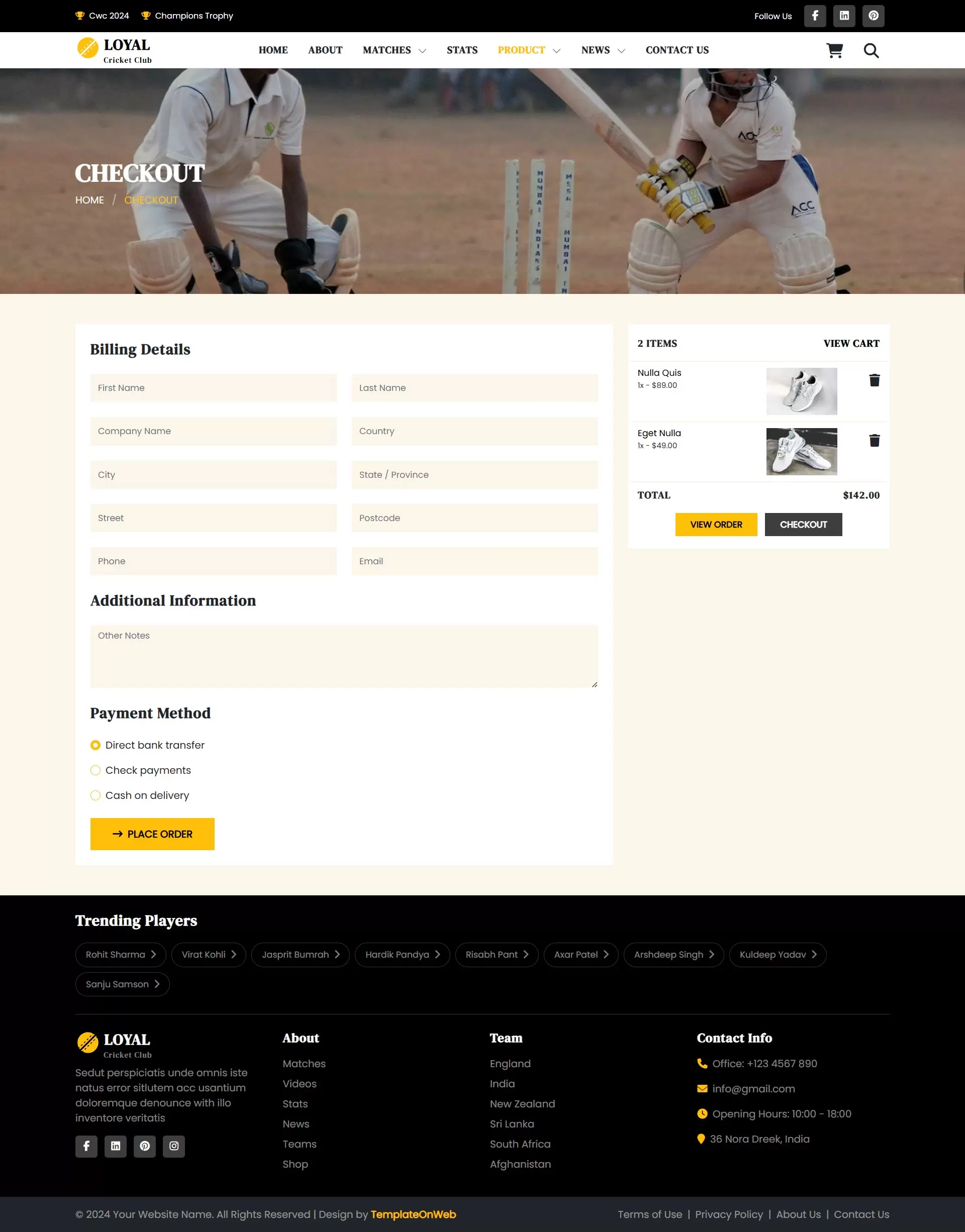 Cricket products online shop checkout page