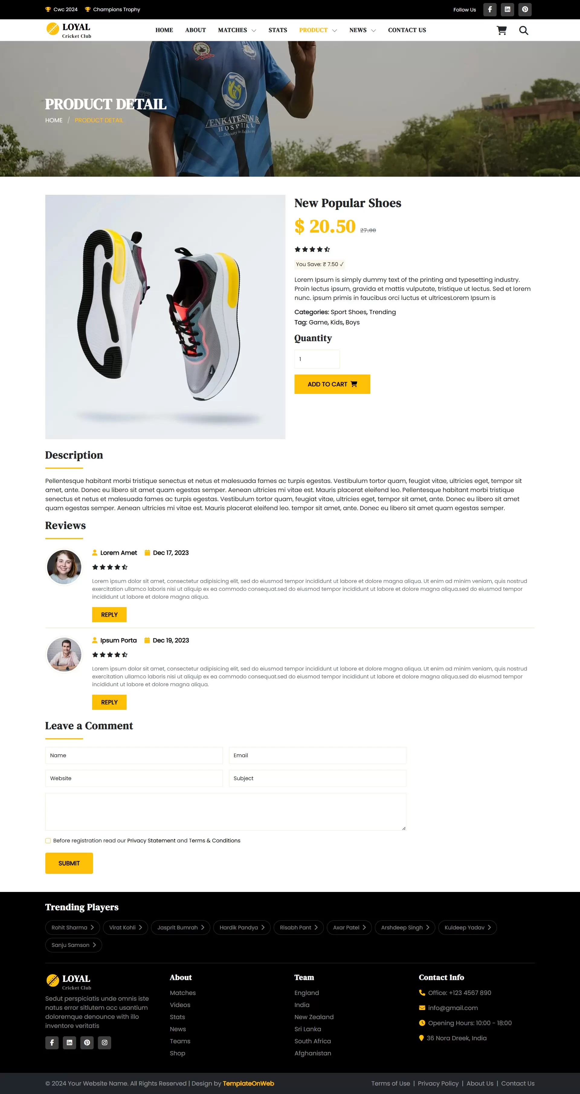 Cricket players products selling page