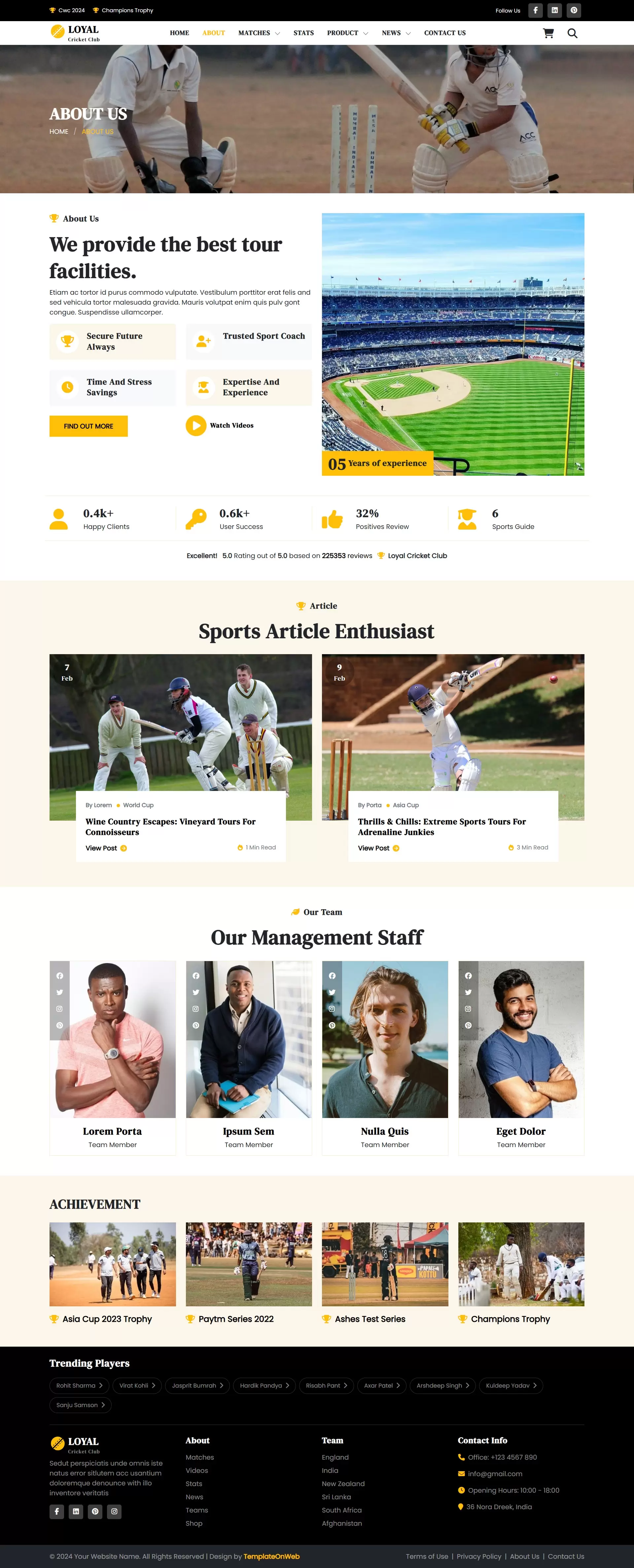 About us page with club history, mission, and leadership details