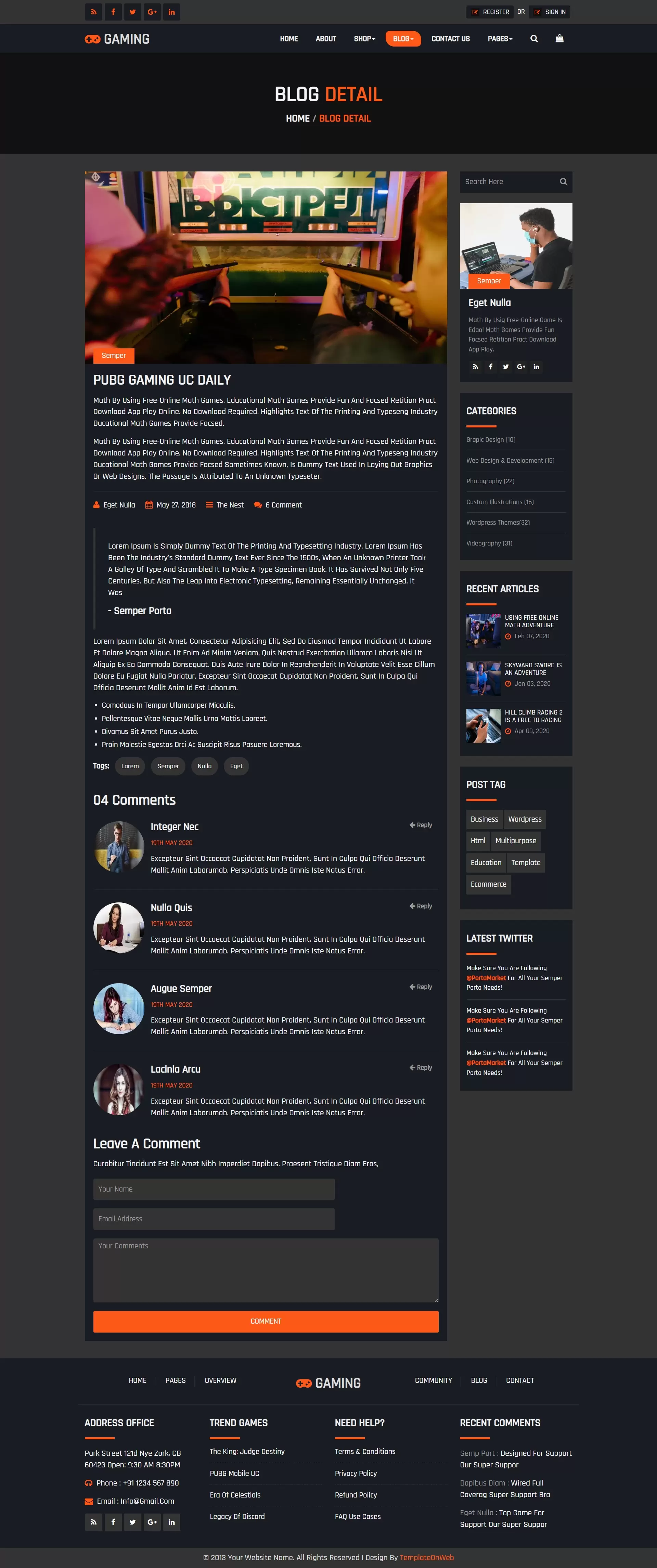 Gaming blog details page with user comments