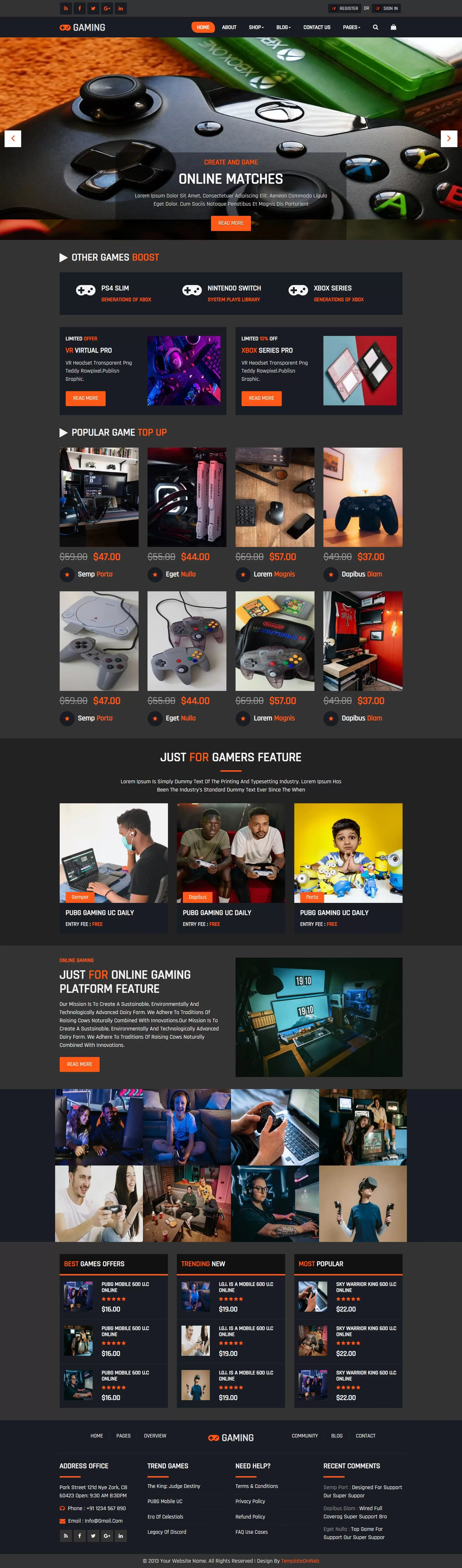 Gaming store website template home page preview