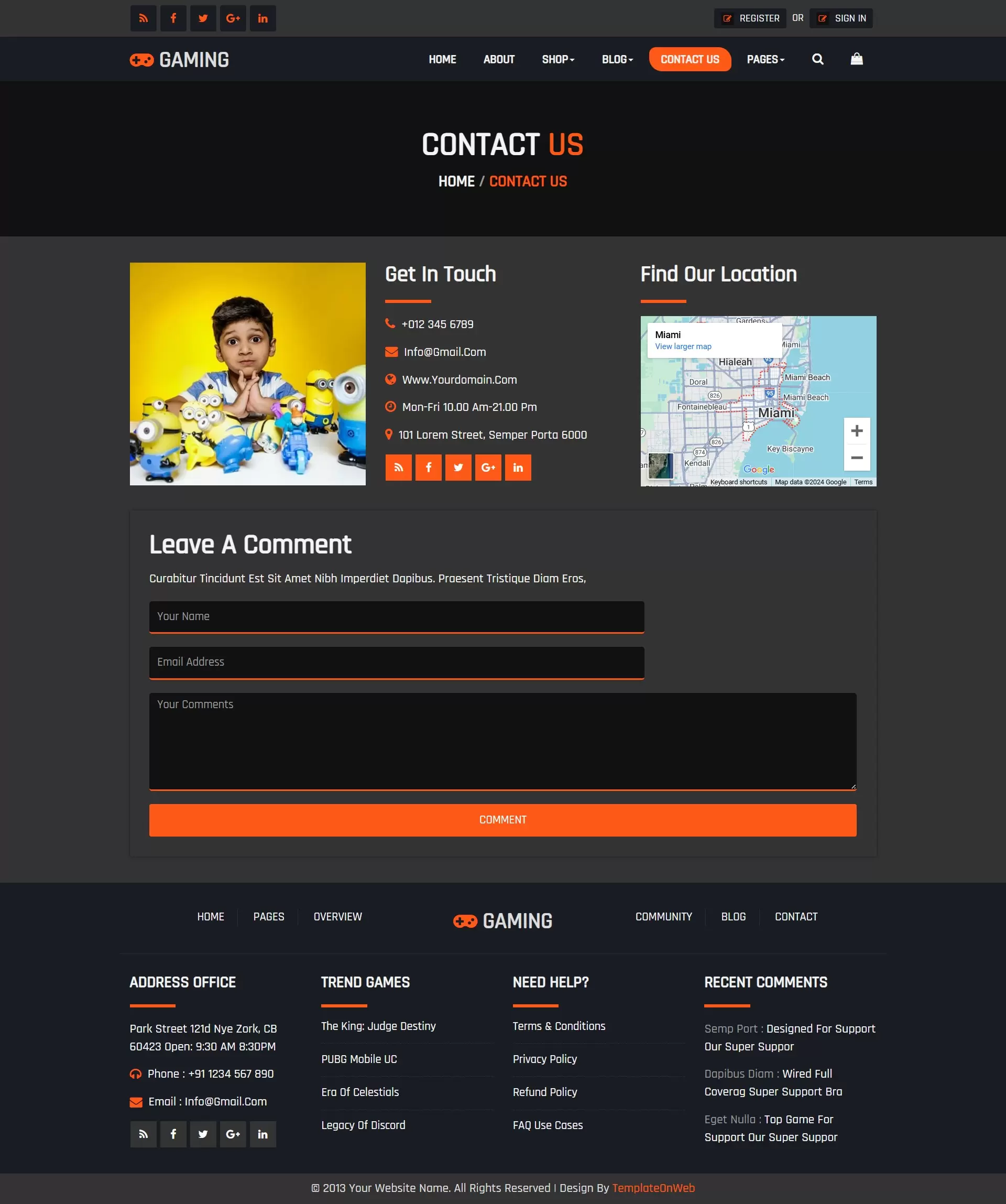 Contact form with store locations, and customer support information