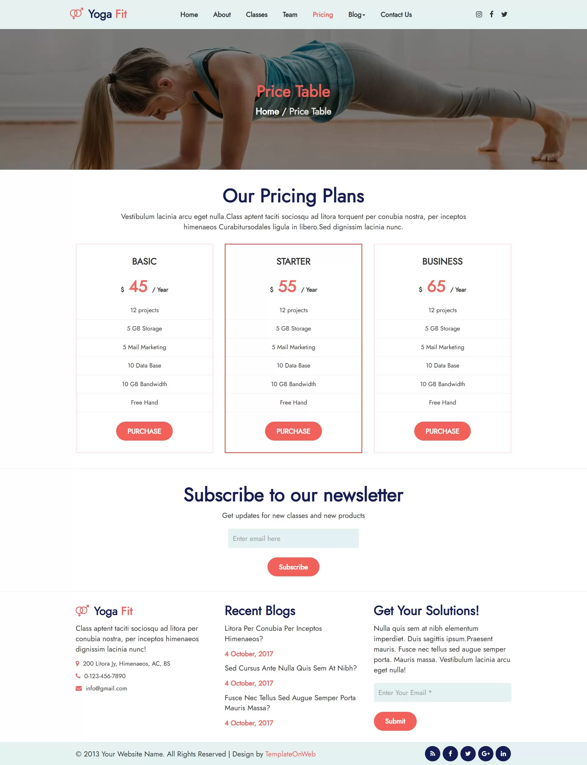 Yoga classes pricing and plans