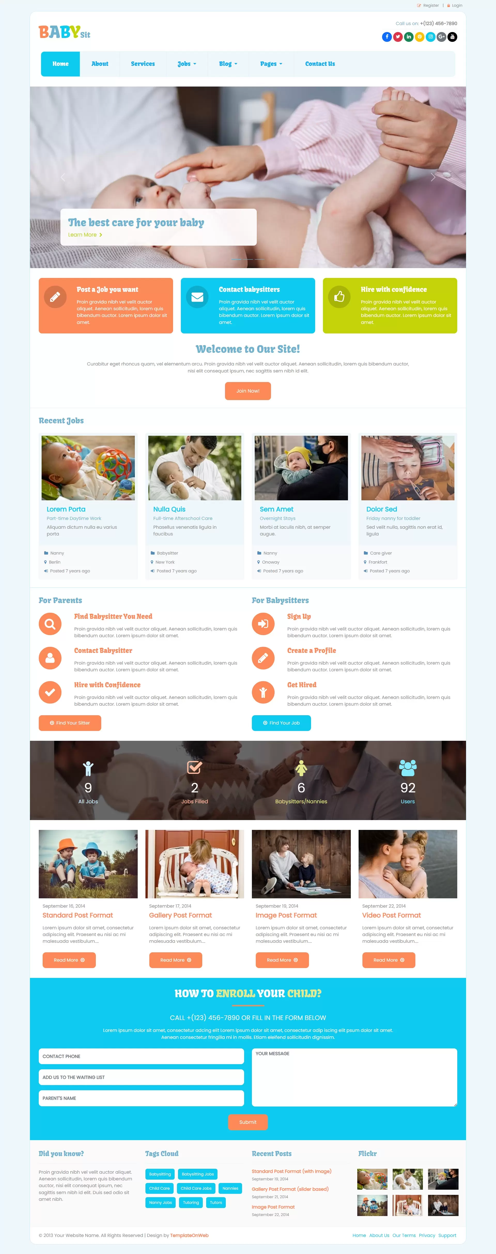 Highlights the platform purpose, benefits, nanny services with hero slider