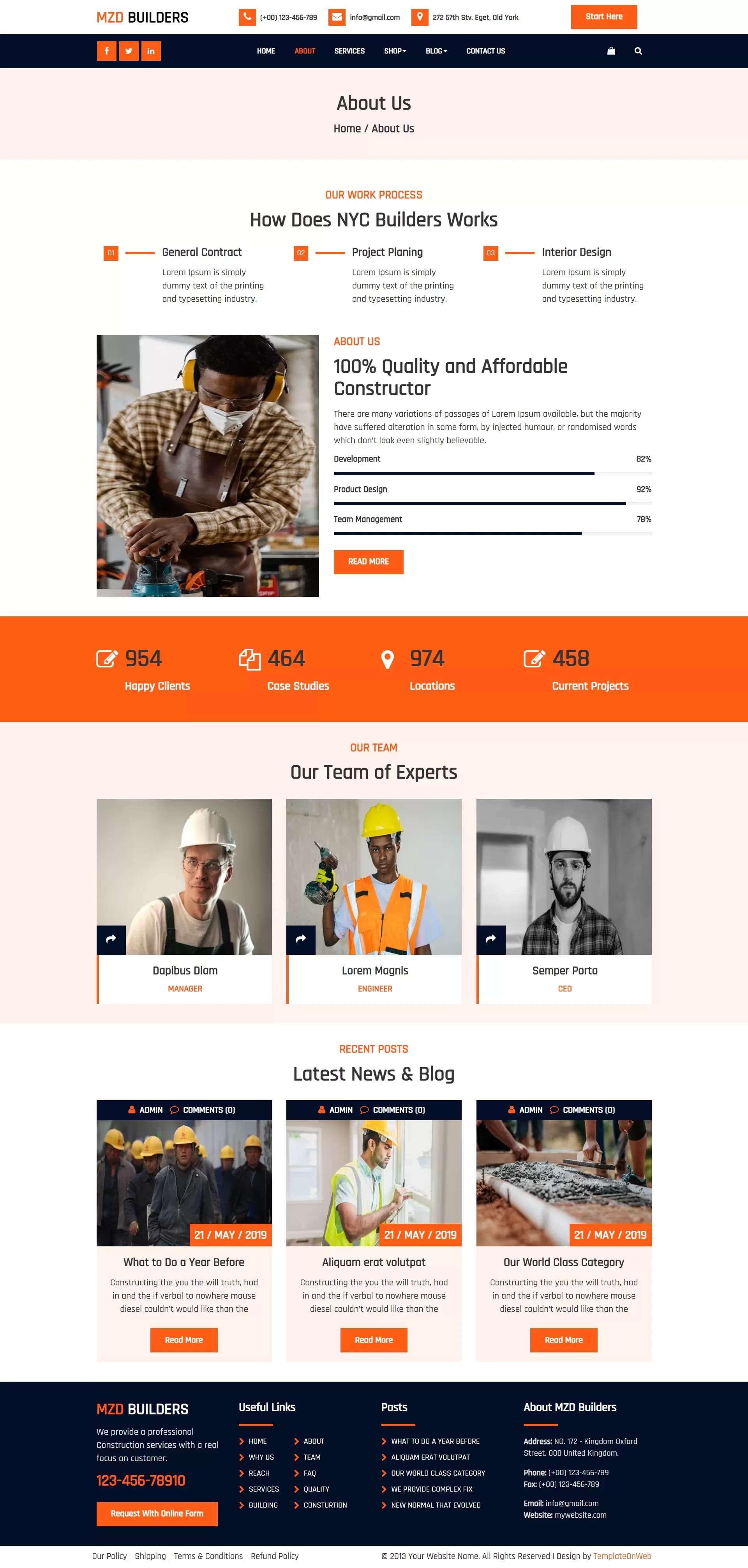 Construction company about us page to show work, team, and history