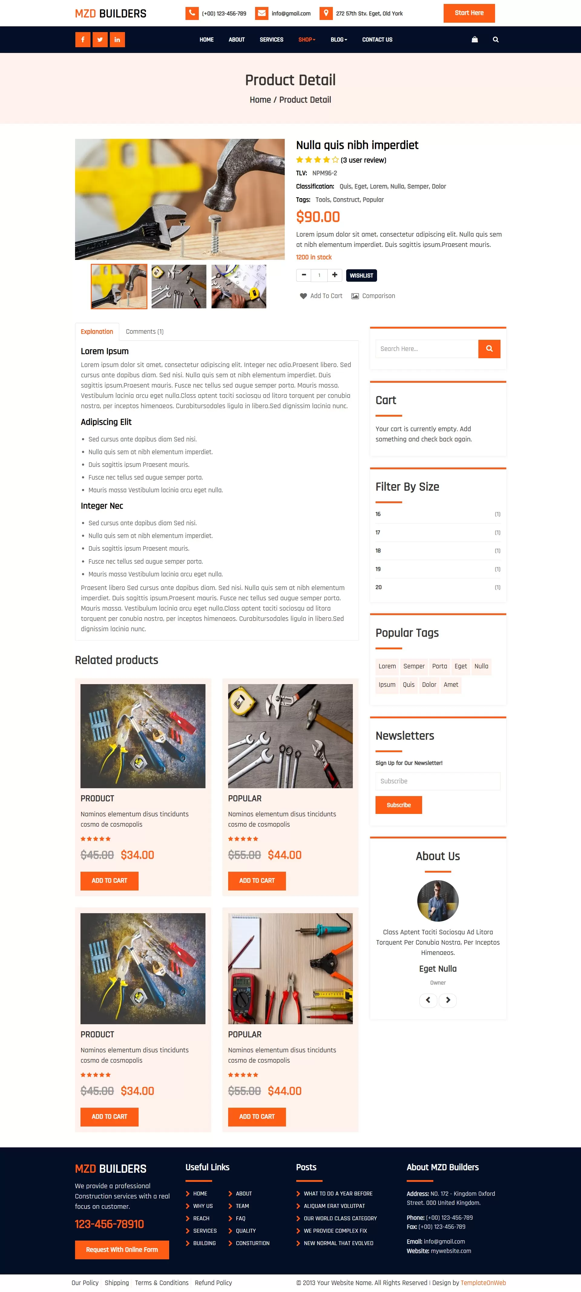 Construction product details with selling options and user review form