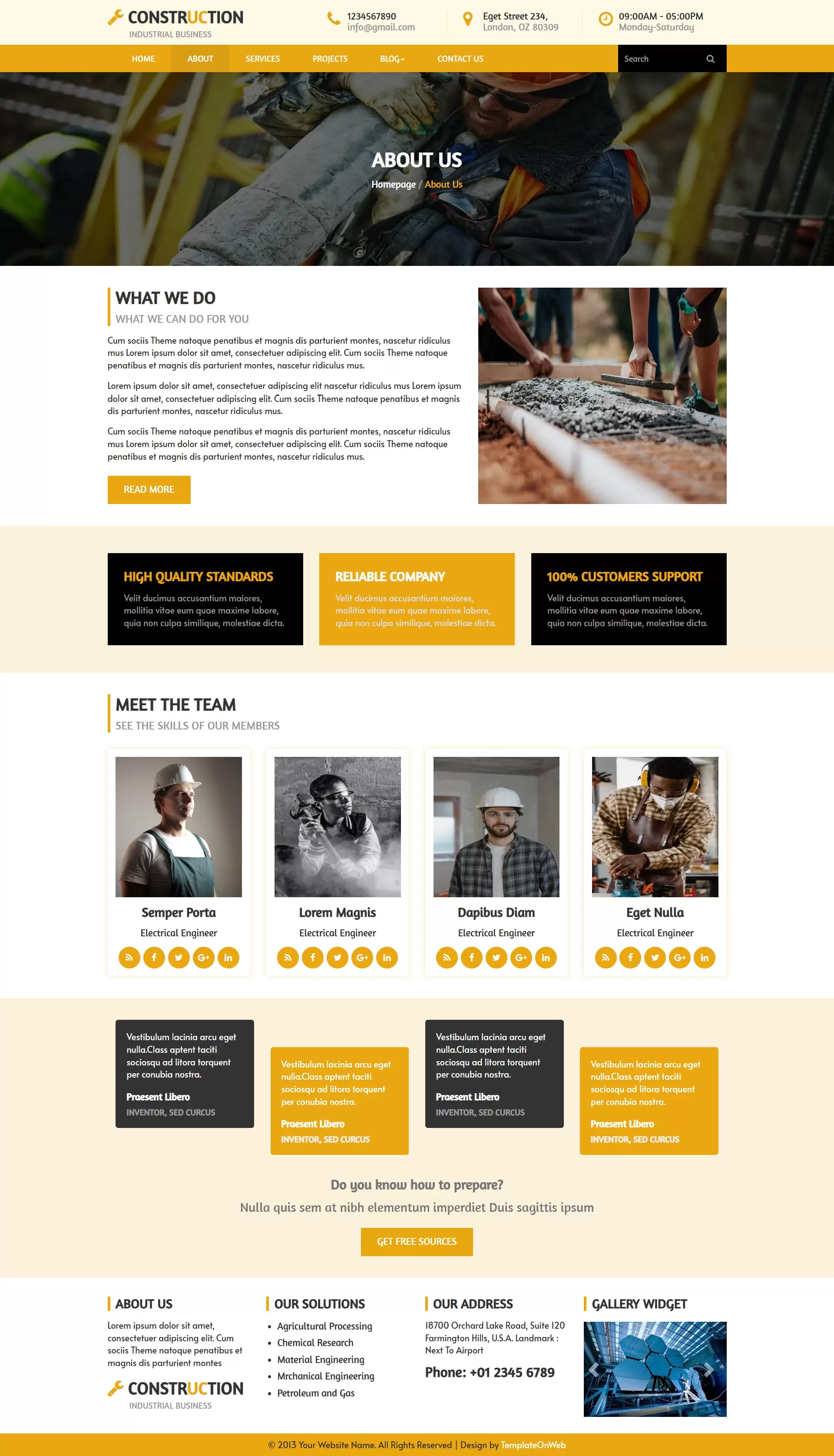 Showcase details about construction company, what do, and teams