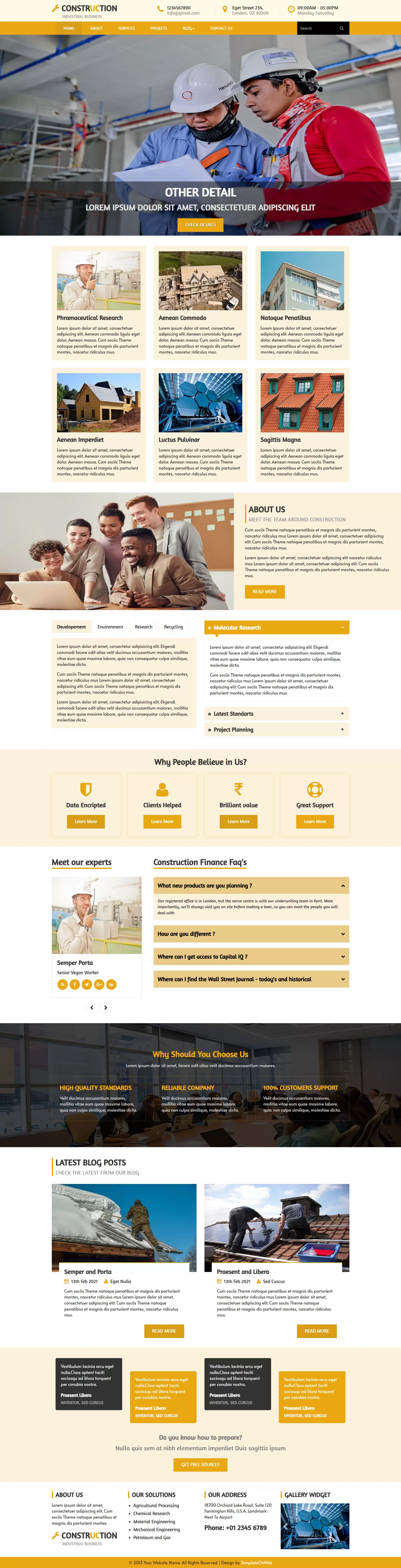 Construction company website template home page with company highlights, and featured projects